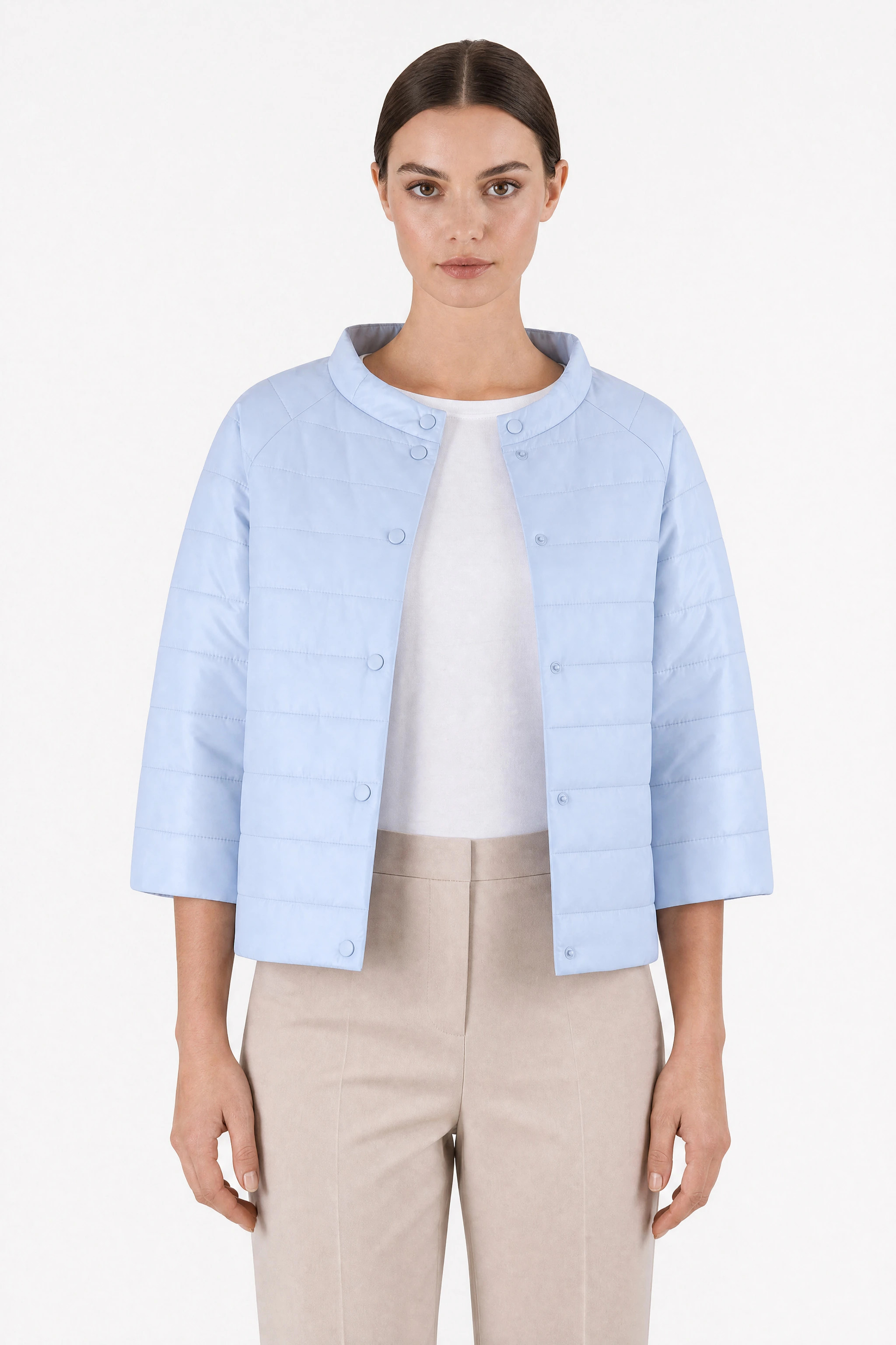 Light blue sky down jacket with 3/4 sleeves, upper detail