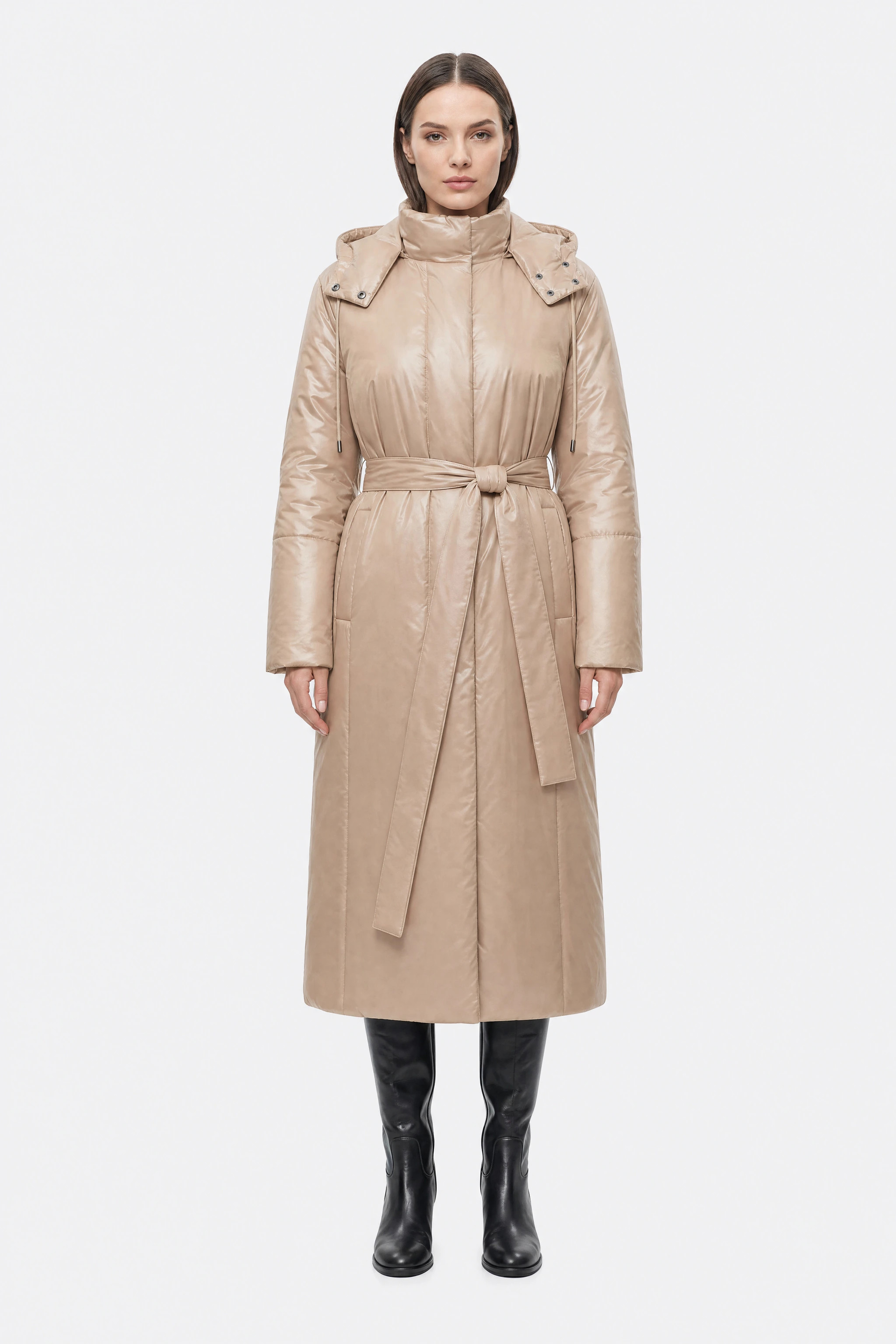 Beige belted long pearlescent down jacket, worn, front view