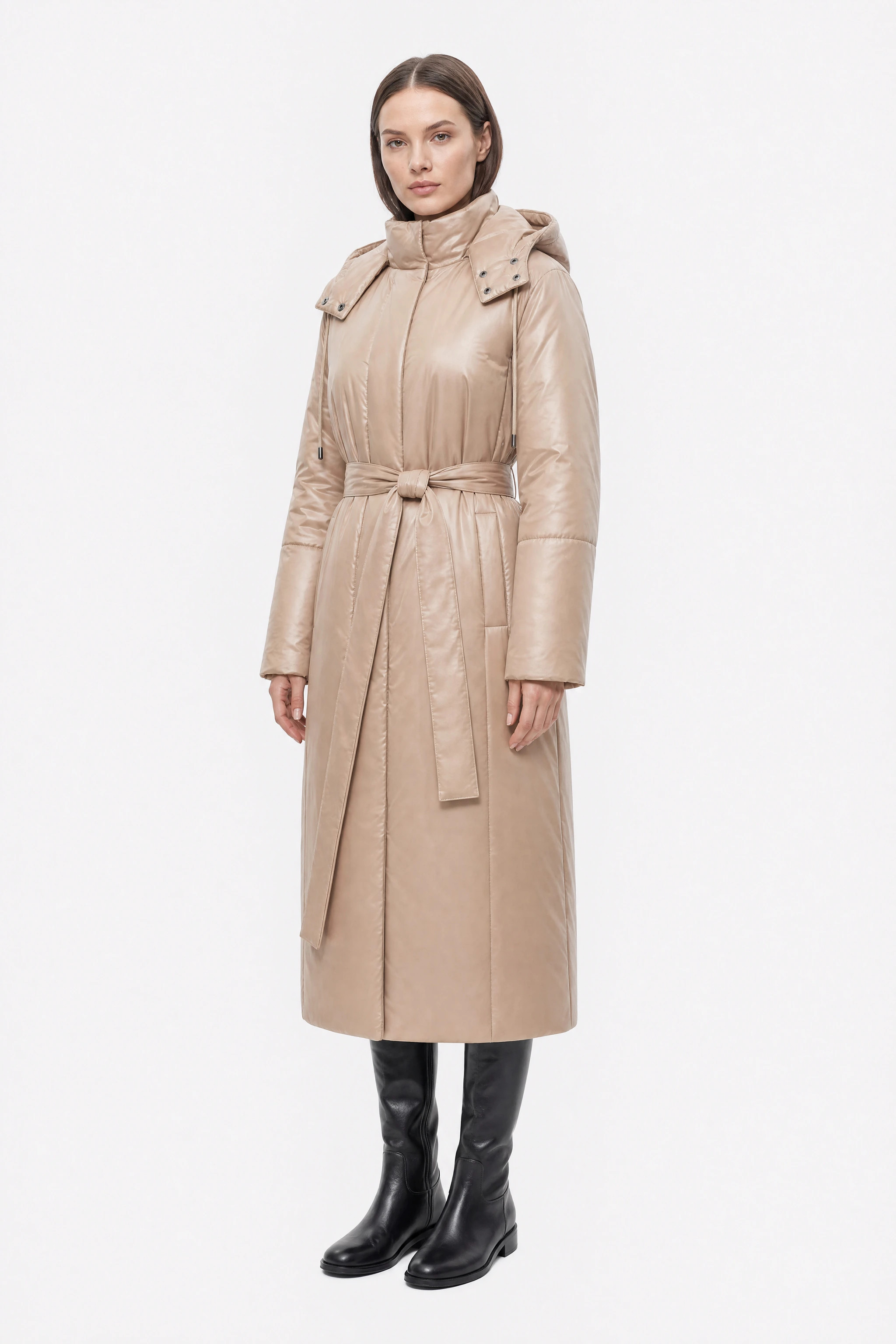 Beige belted long pearlescent down jacket, three-quarter view