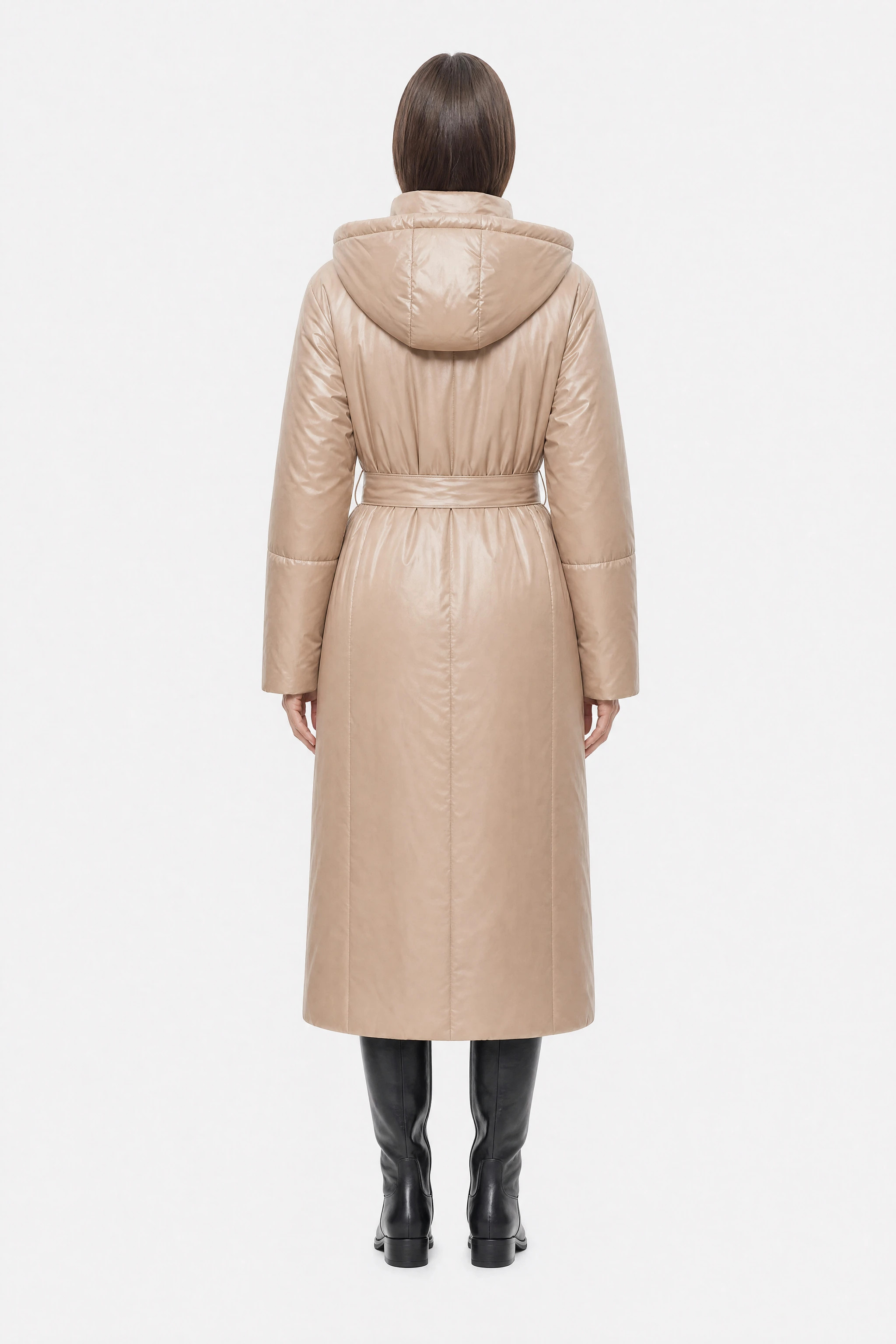 Beige belted long pearlescent down jacket, back view