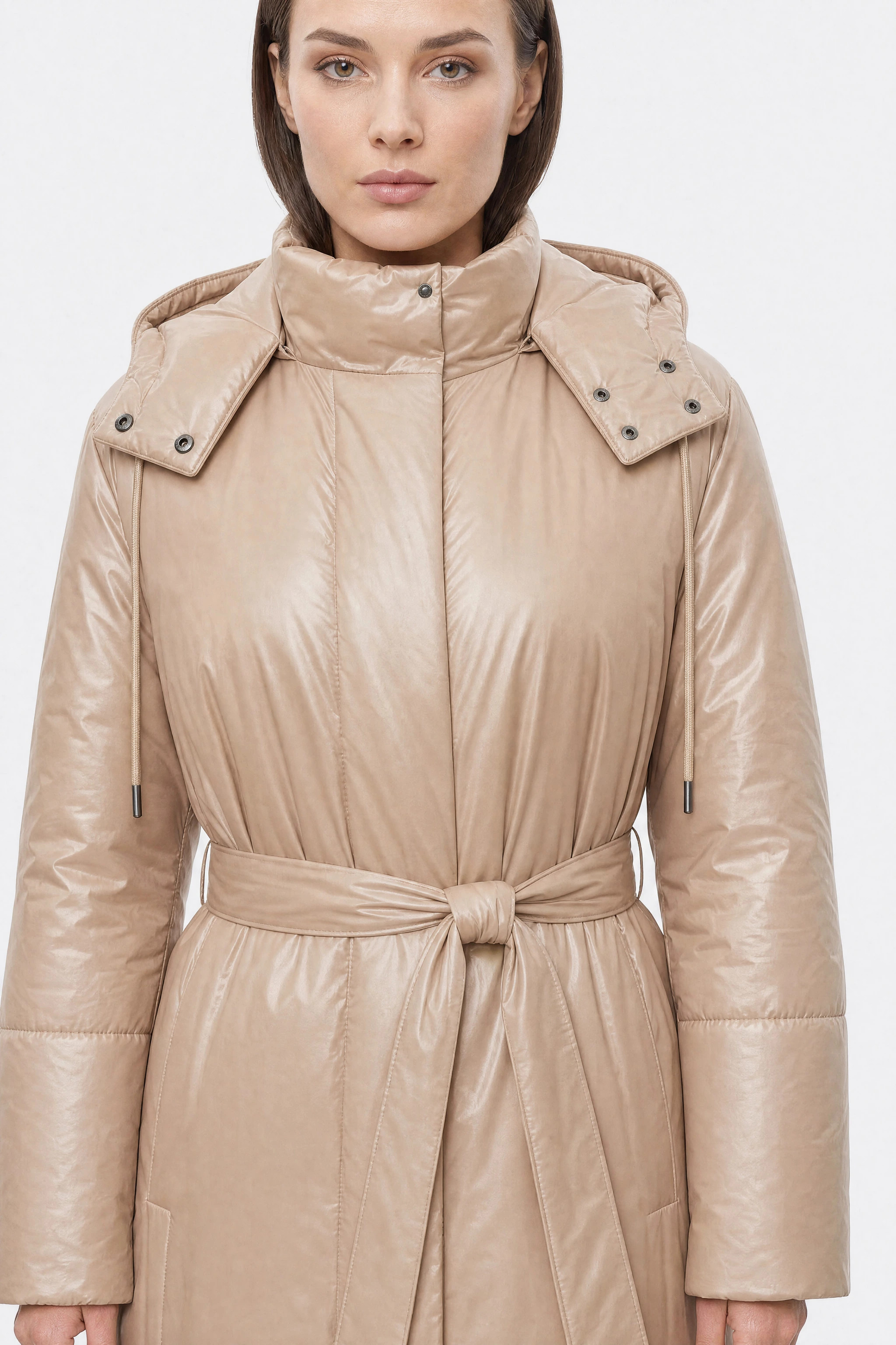 Beige belted long pearlescent down jacket, upper detail