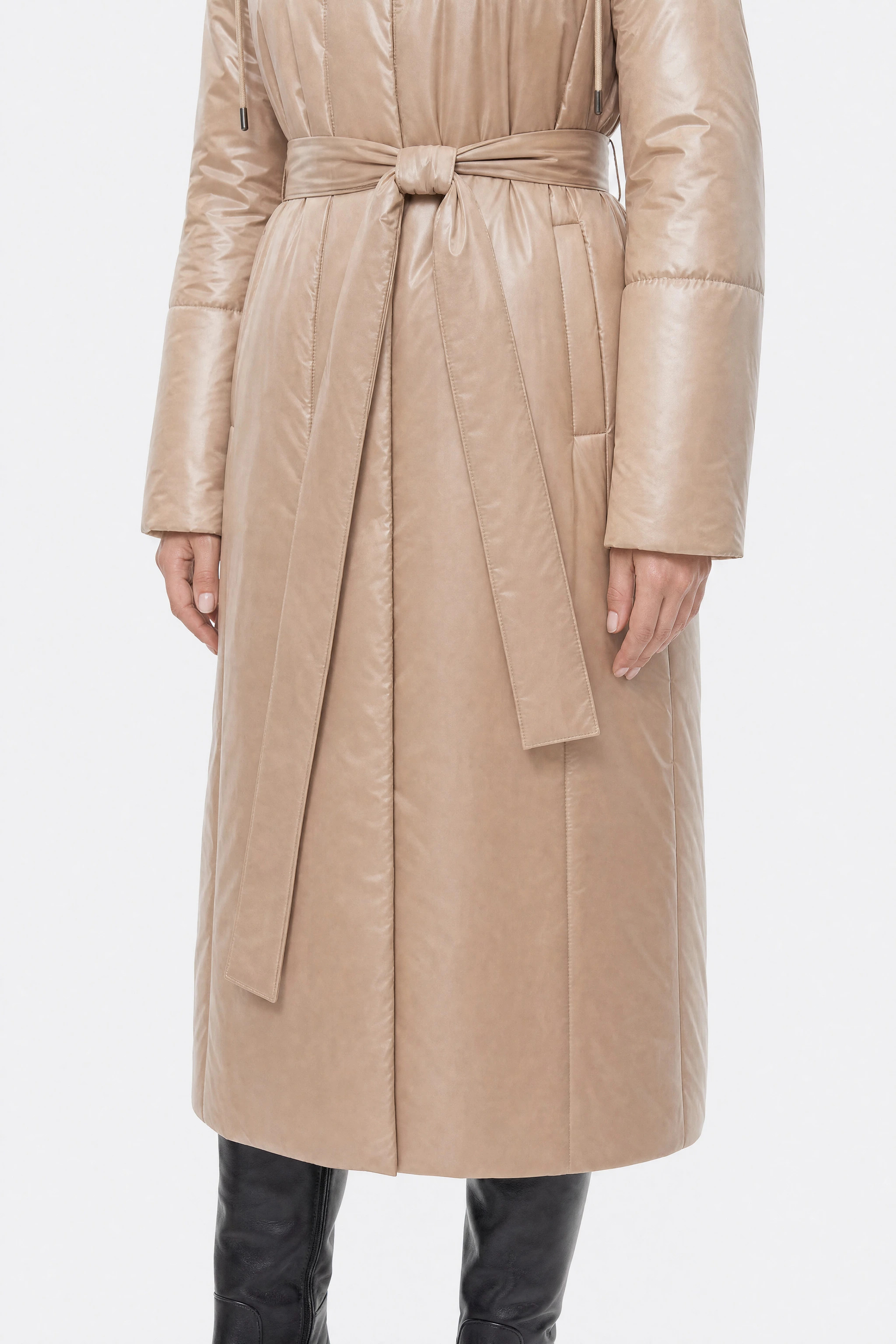 Beige belted long pearlescent down jacket, close-up
