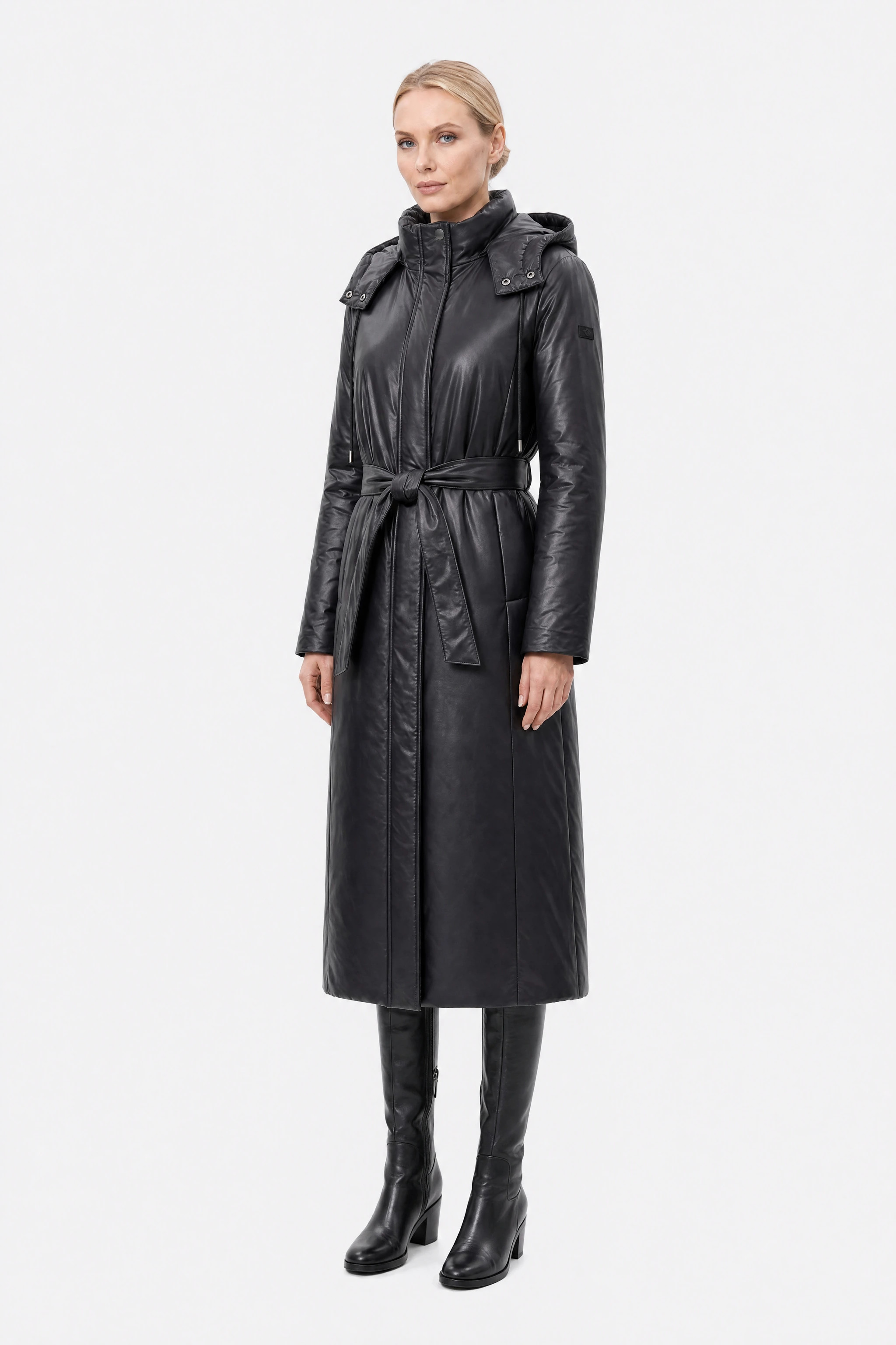 Black belted long puffer jacket, three-quarter view