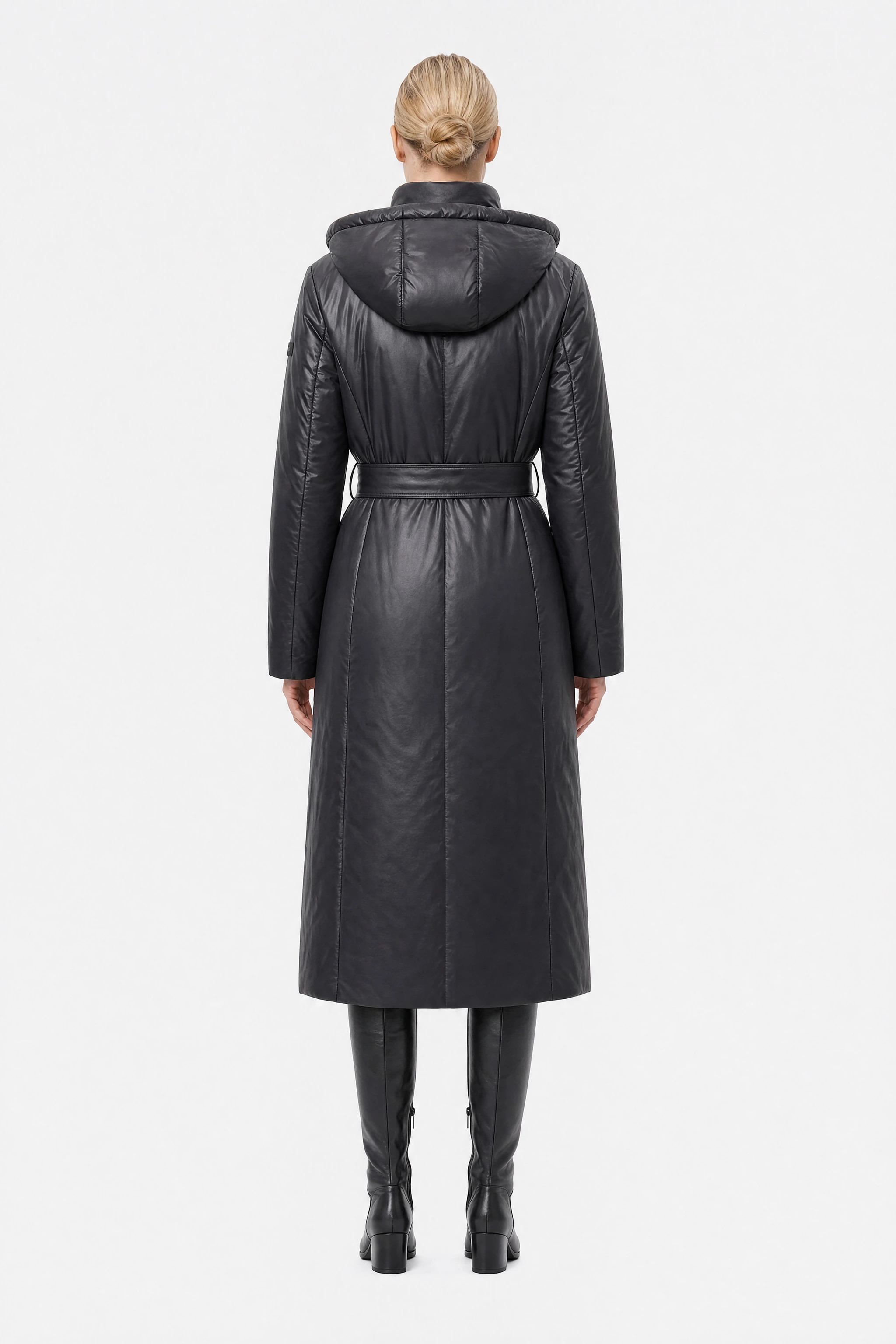 Black belted long puffer jacket, back view
