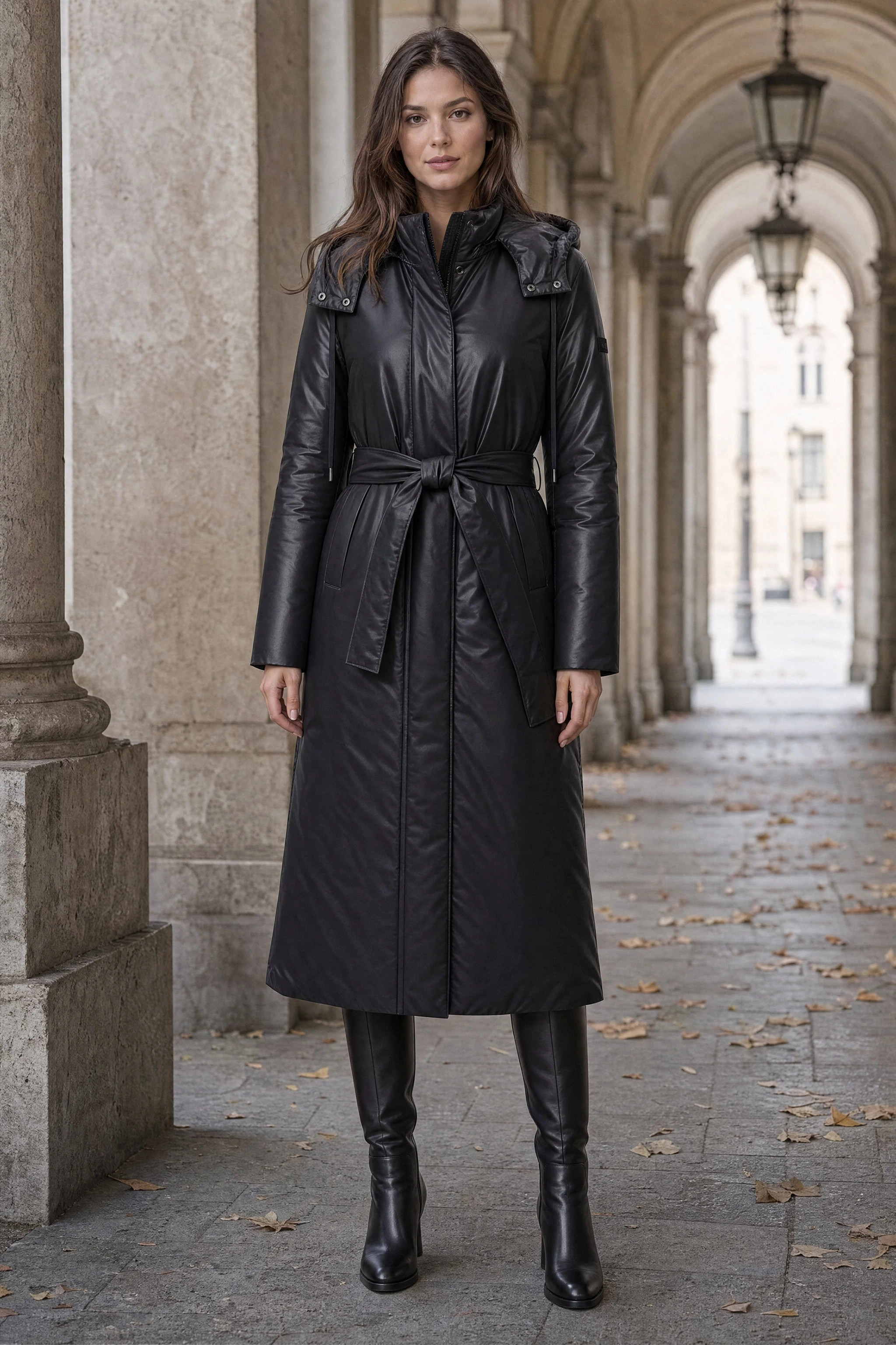 Black belted long puffer jacket, worn in Milan