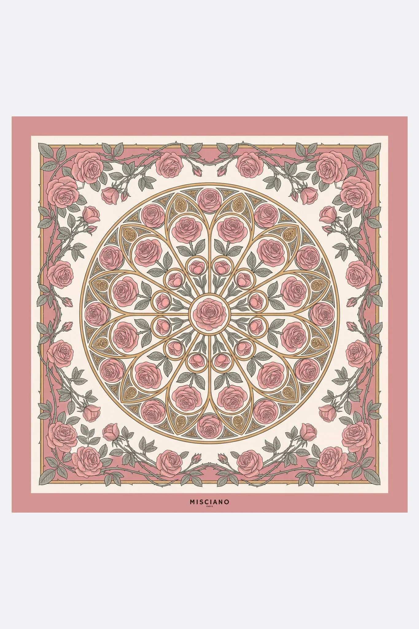 Grande foulard di seta 110 Cathédrale de roses Misciano piatto, disegno completo: un rosone di cattedrale composto da rose e fogliame
