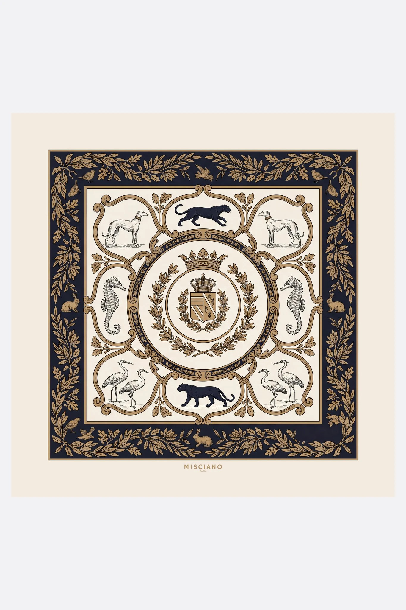 Grande foulard di seta 110 Ménagerie royale Misciano piatto, disegno completo: uno stemma coronato in una corona d'alloro