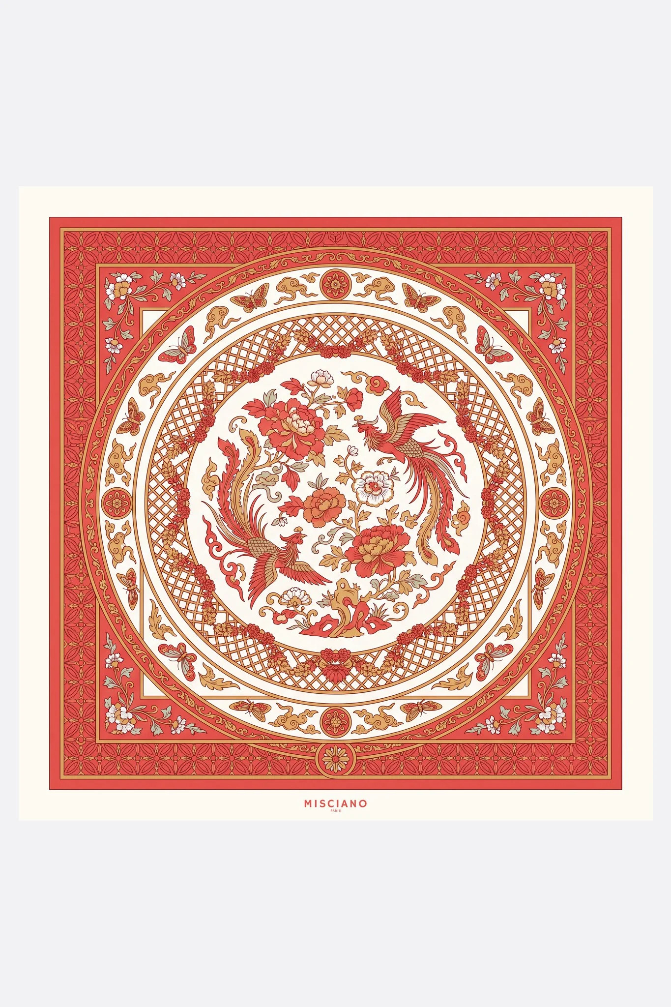 Большой шелковый платок 110 Porcelaine corail Misciano плоско, полный рисунок: большая тарелка из кораллового фарфора и золота