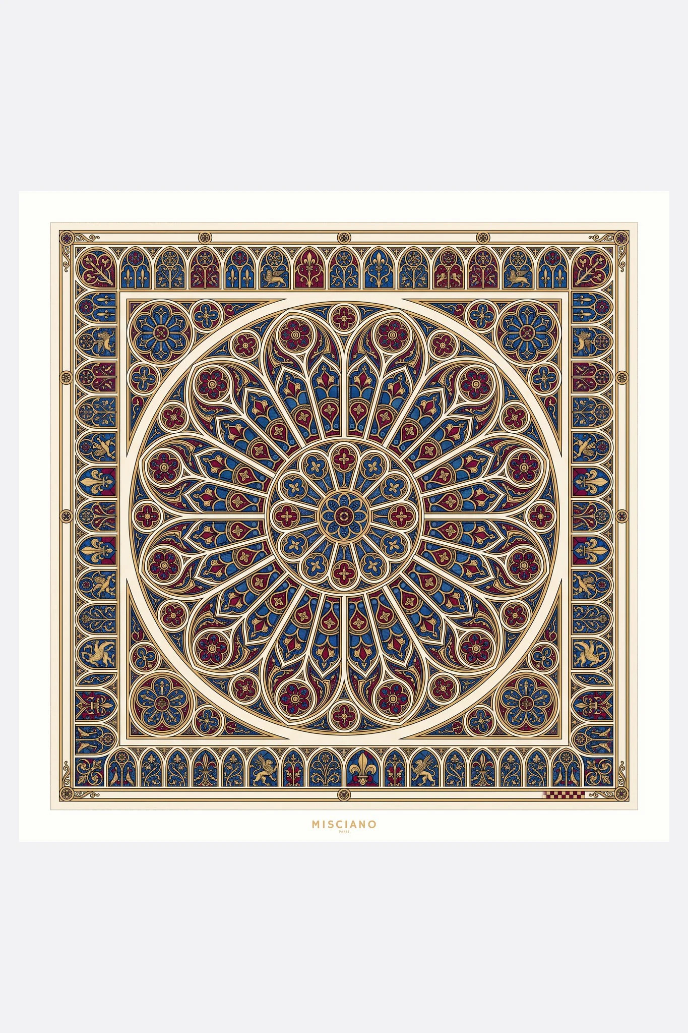 Gran pañuelo de seda 110 Vitrail impérial Misciano extendido, diseño completo: un rosetón gótico de vidriera