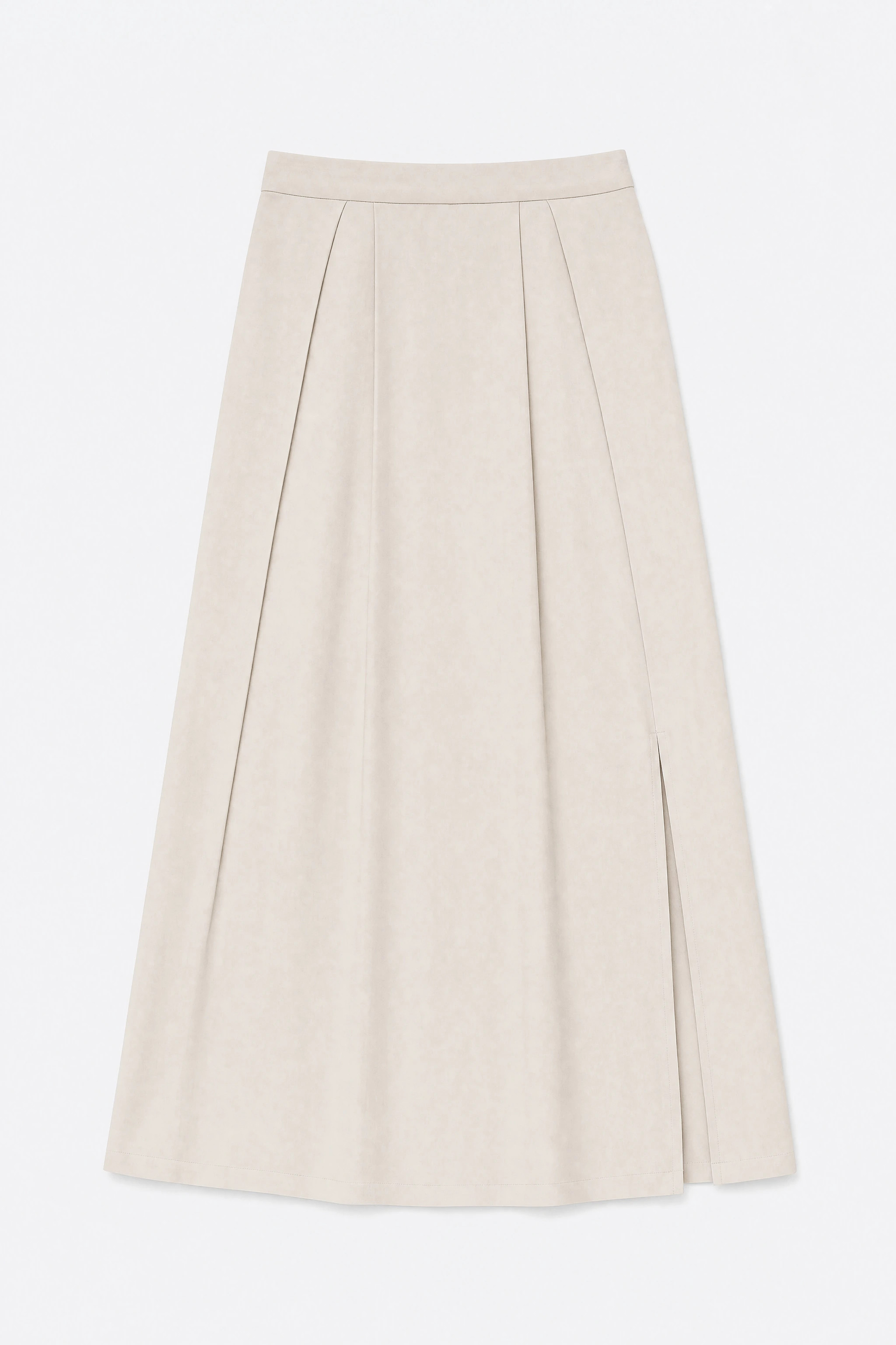 Long ivory viscose skirt laid flat, horizontal inserts and central slit