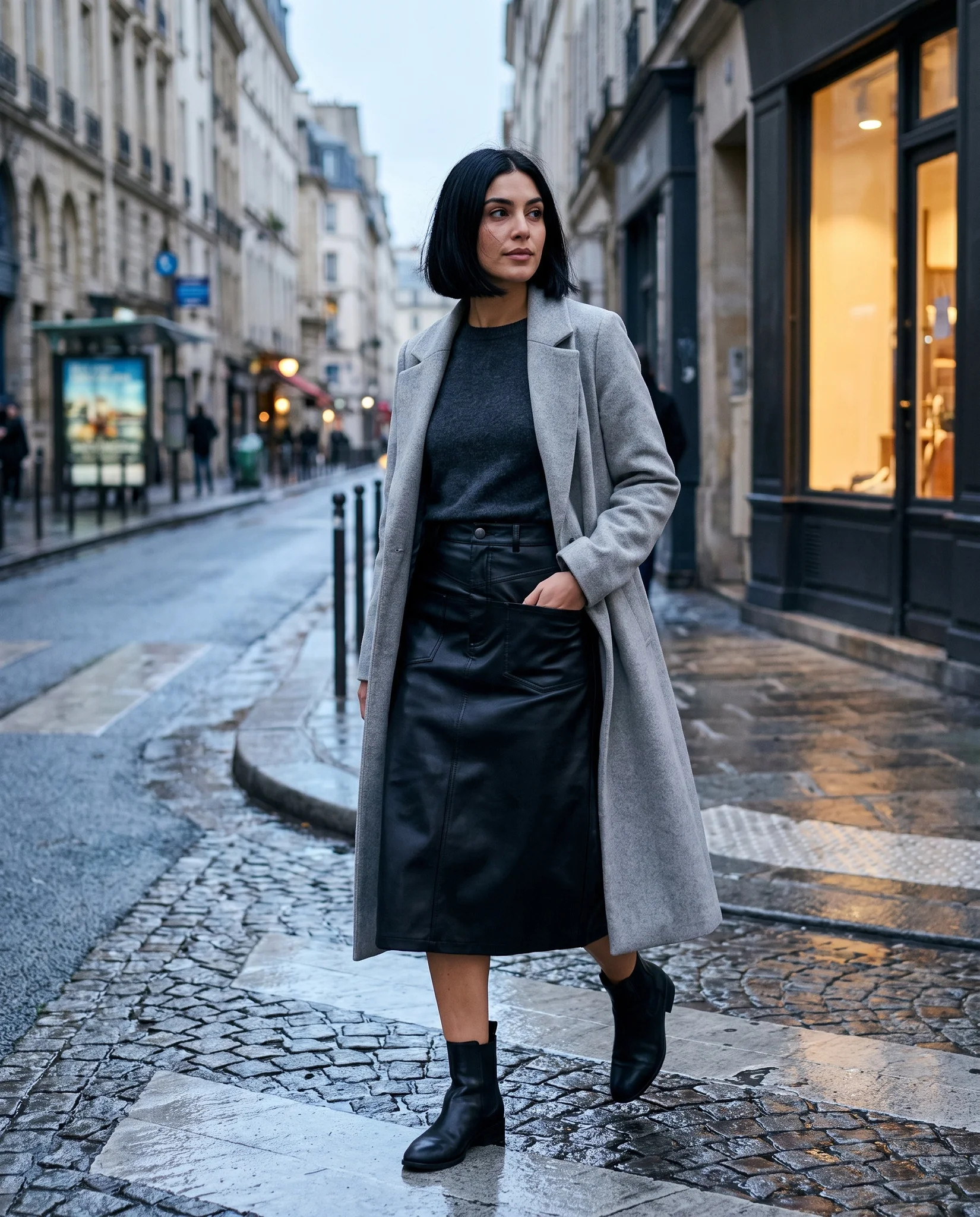 Jupe midi en simili cuir noir portée en extérieur avec un manteau gris et des bottines