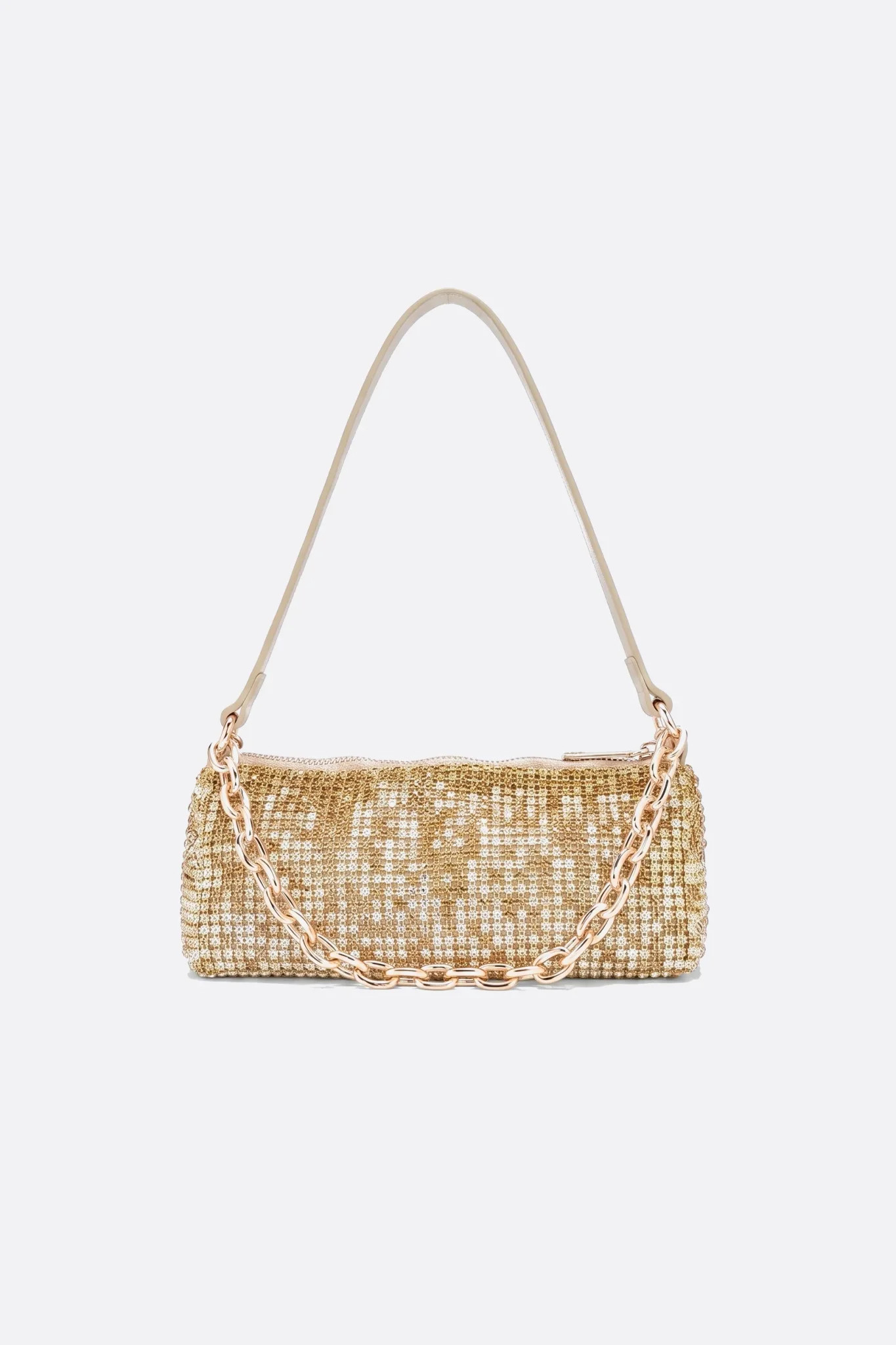 Goldener Strass-Mini-Beutel, Vorderansicht auf neutralem Hintergrund