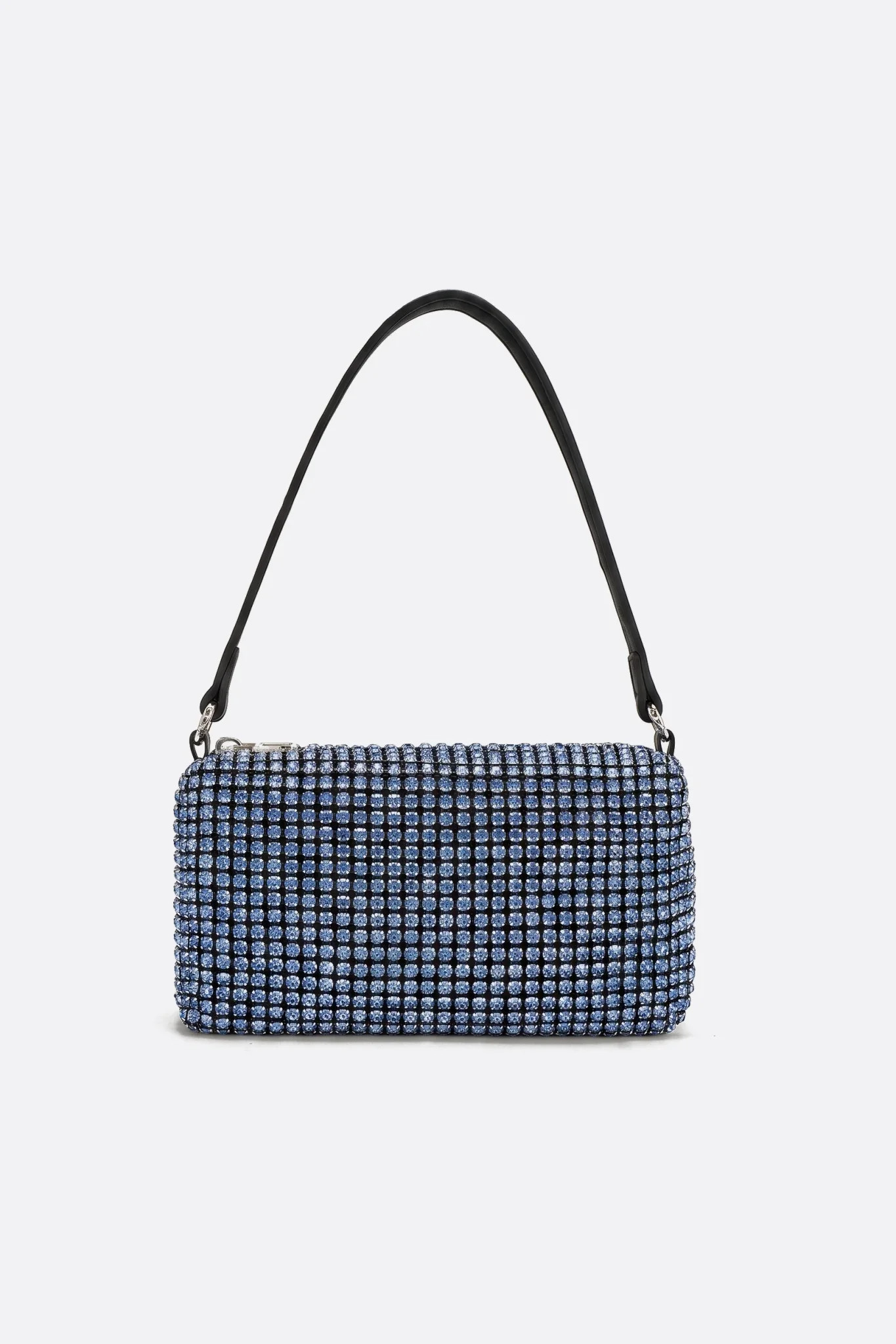 Mini rectangular bag with blue rhinestones, front view on neutral background