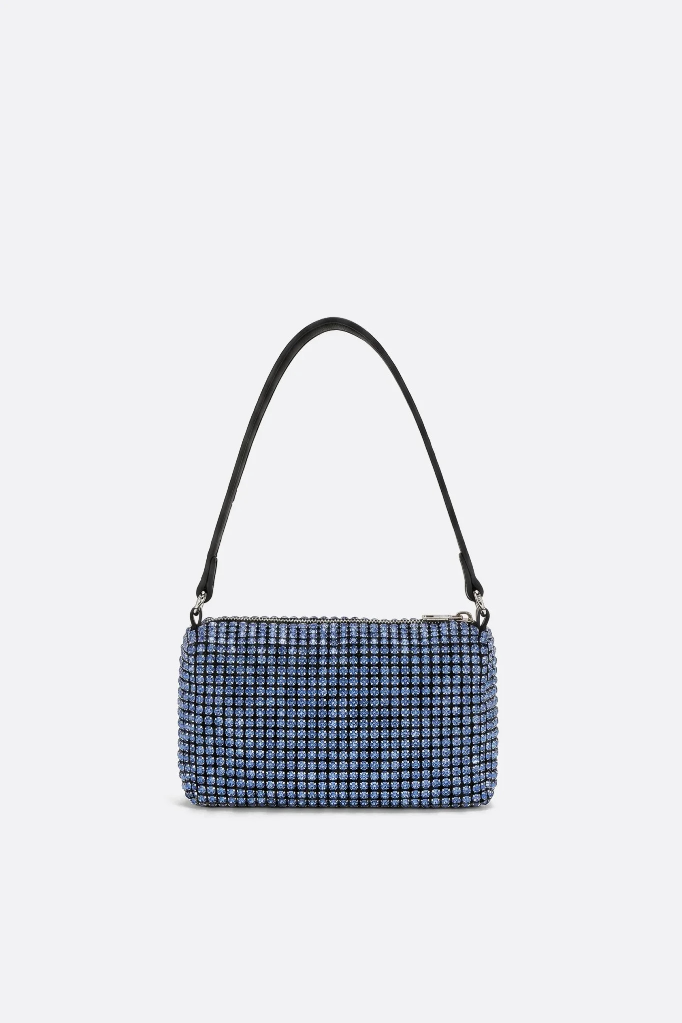 Mini rectangular bag with blue rhinestones, profile view