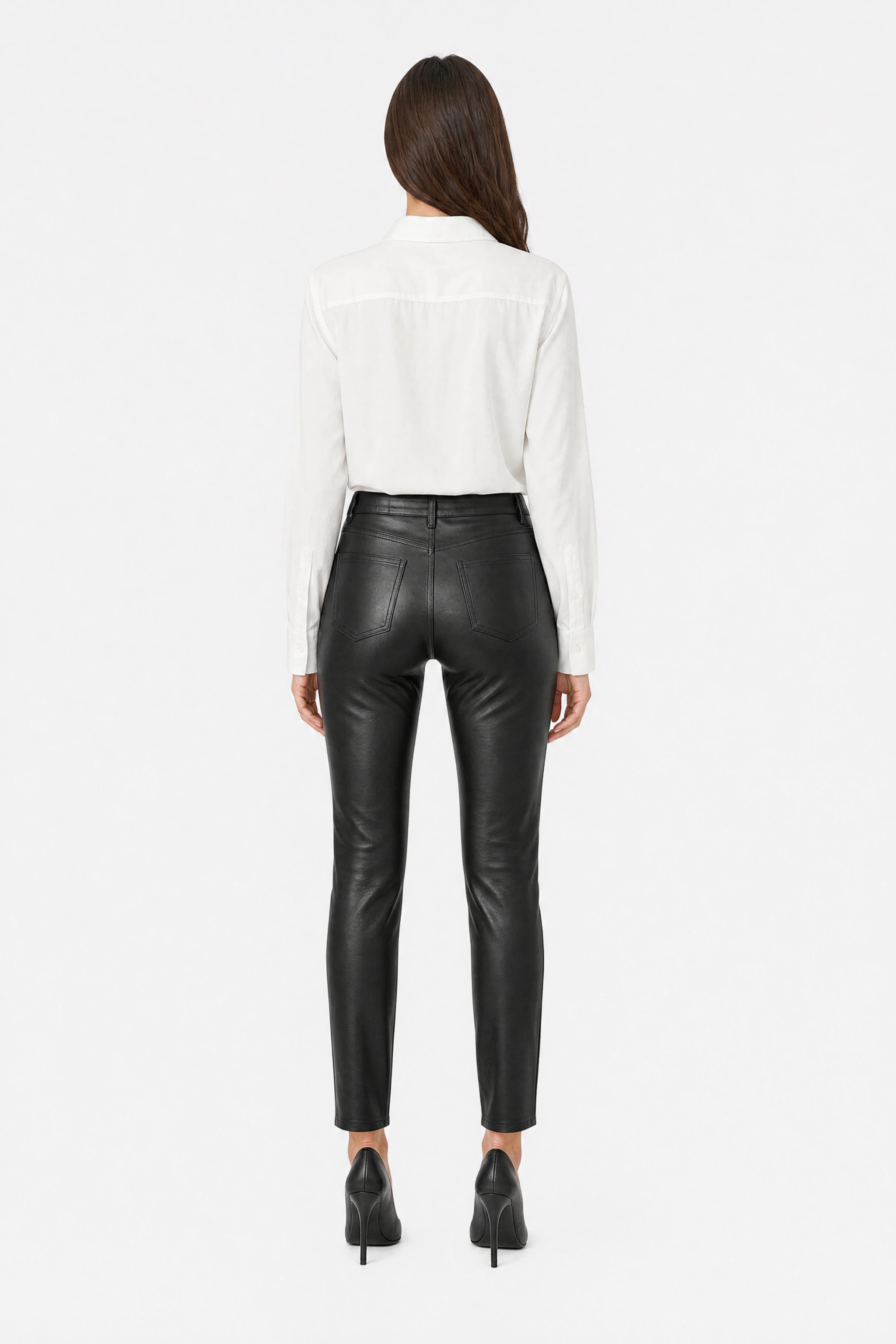 Black faux leather trousers, back view