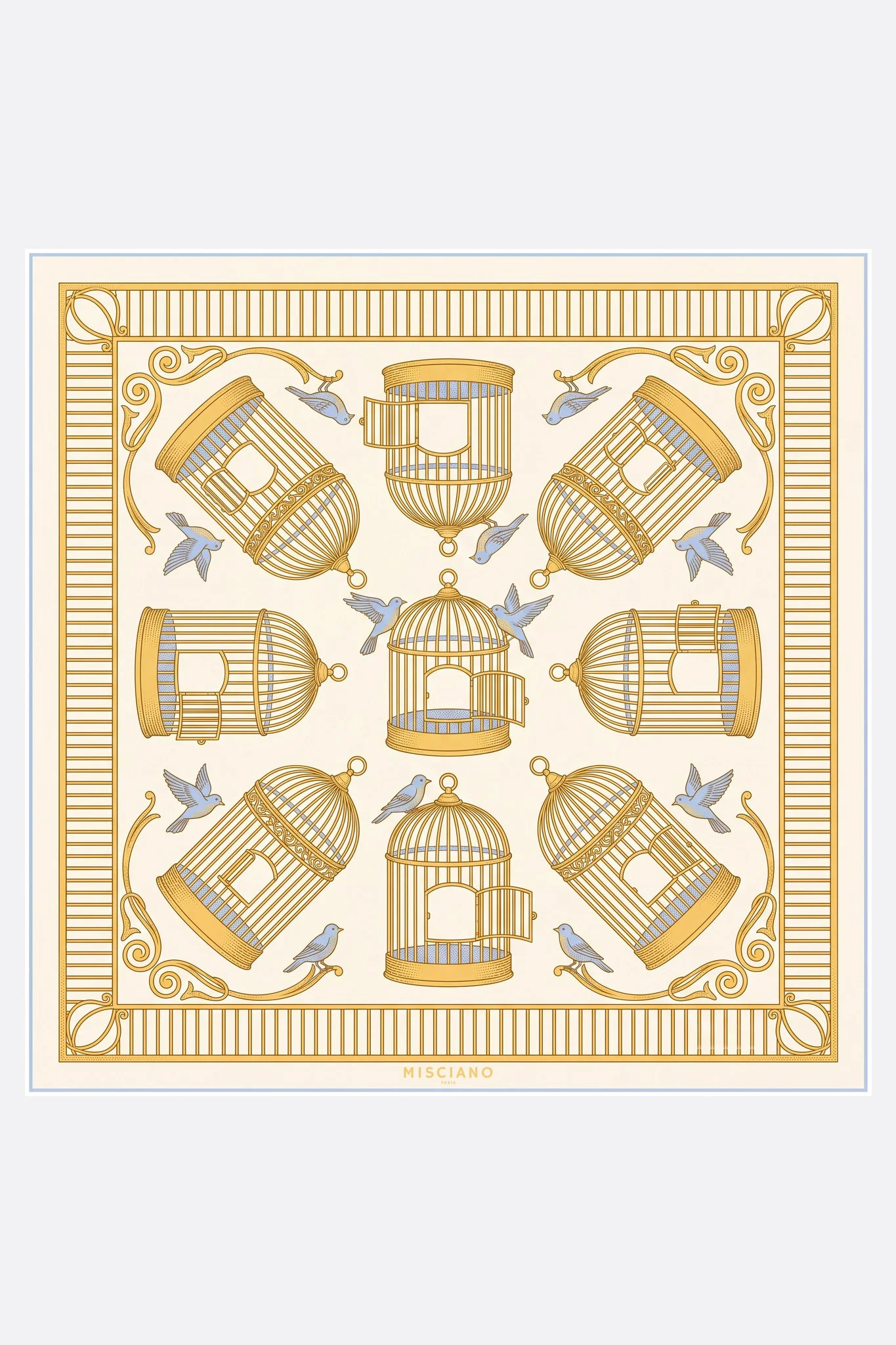 Small silk scarf 50 Cages dorées Misciano flat, full design: nine golden cages