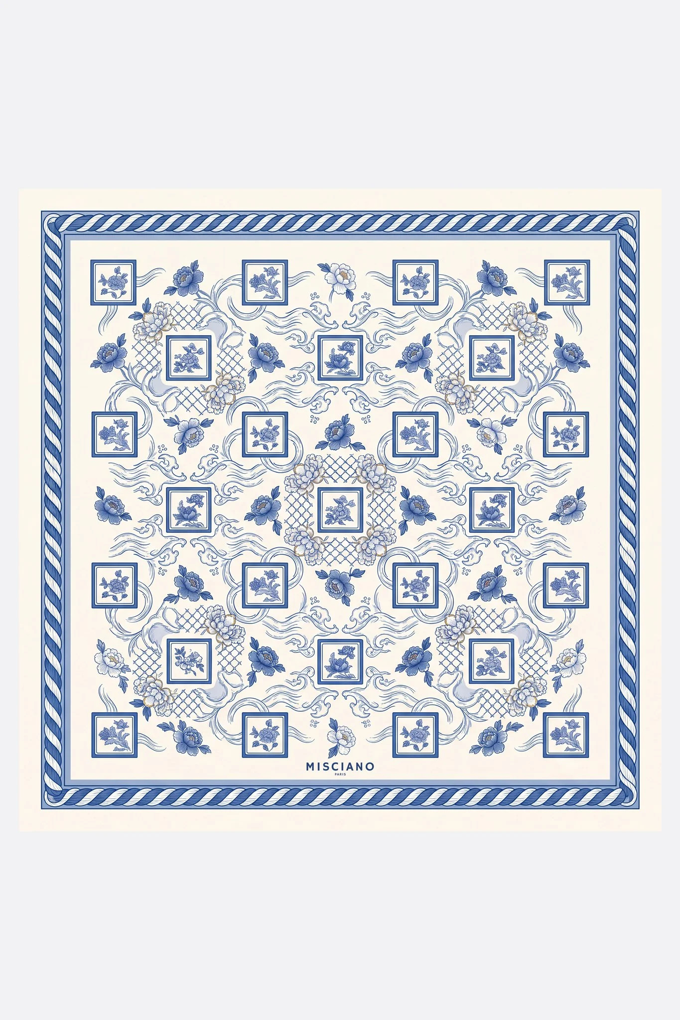 Small silk scarf 50 Camaïeu de porcelaine Misciano flat, full design: a checkerboard of small blue and white faience tiles