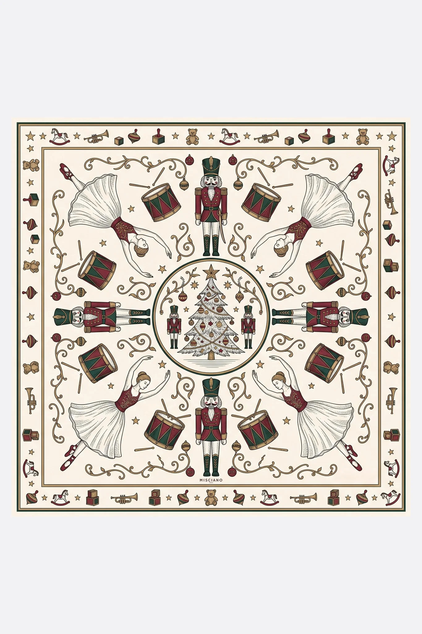 Small silk scarf 50 Casse-noisette Misciano flat, full pattern: nutcracker soldiers in red and green uniforms