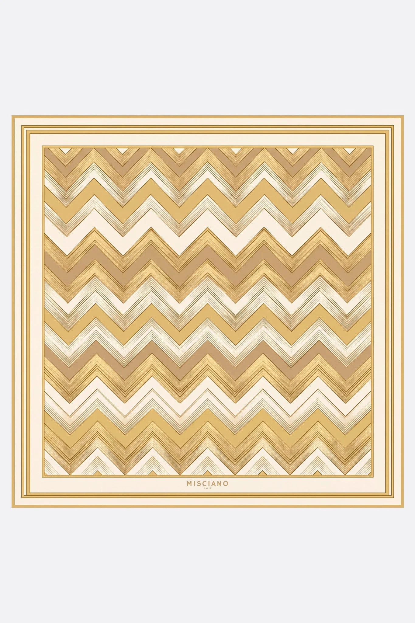 Petit carré de soie 50 Chevrons d'or Misciano à plat, dessin complet : des chevrons serrés