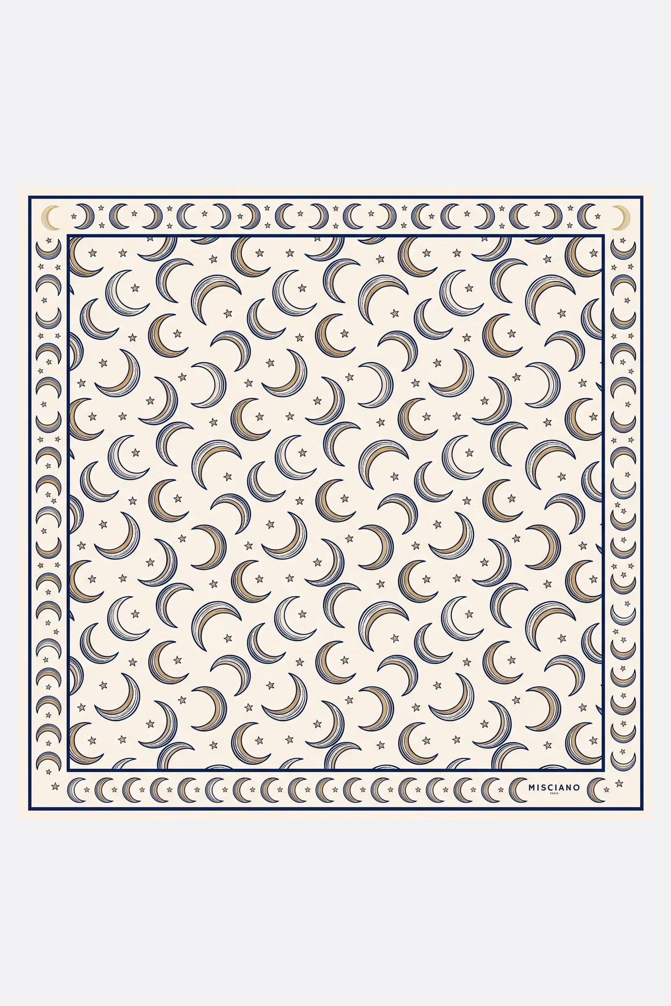 Small silk scarf 50 Croissants de lune Misciano flat, full design: a shower of navy and silver crescent moons
