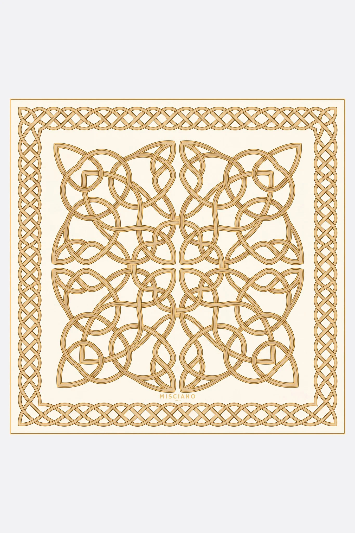 Small silk scarf 50 Entrelacs d'or Misciano flat, full design: a large golden interlacing