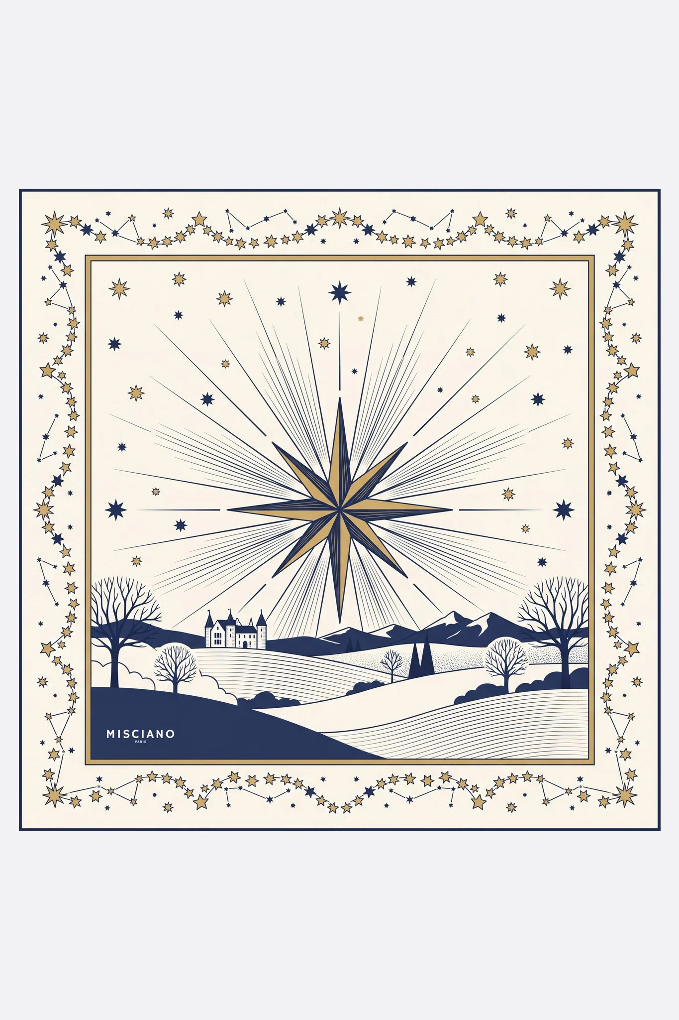 Small silk scarf 50 Étoile du berger Misciano flat, full design: a large star in marine and gold radiates above a winter landscape