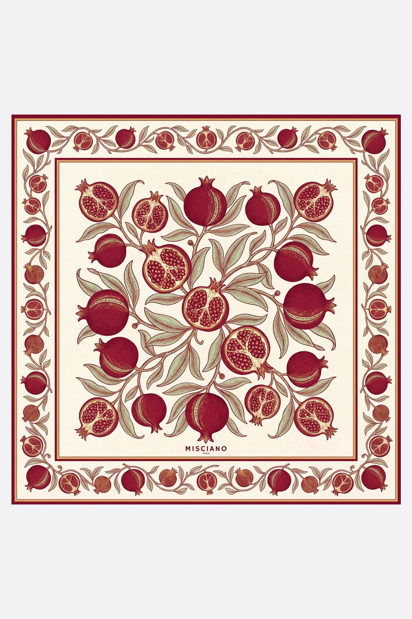 Small silk scarf 50 Golden Pomegranates Misciano flat, full design: red pomegranates