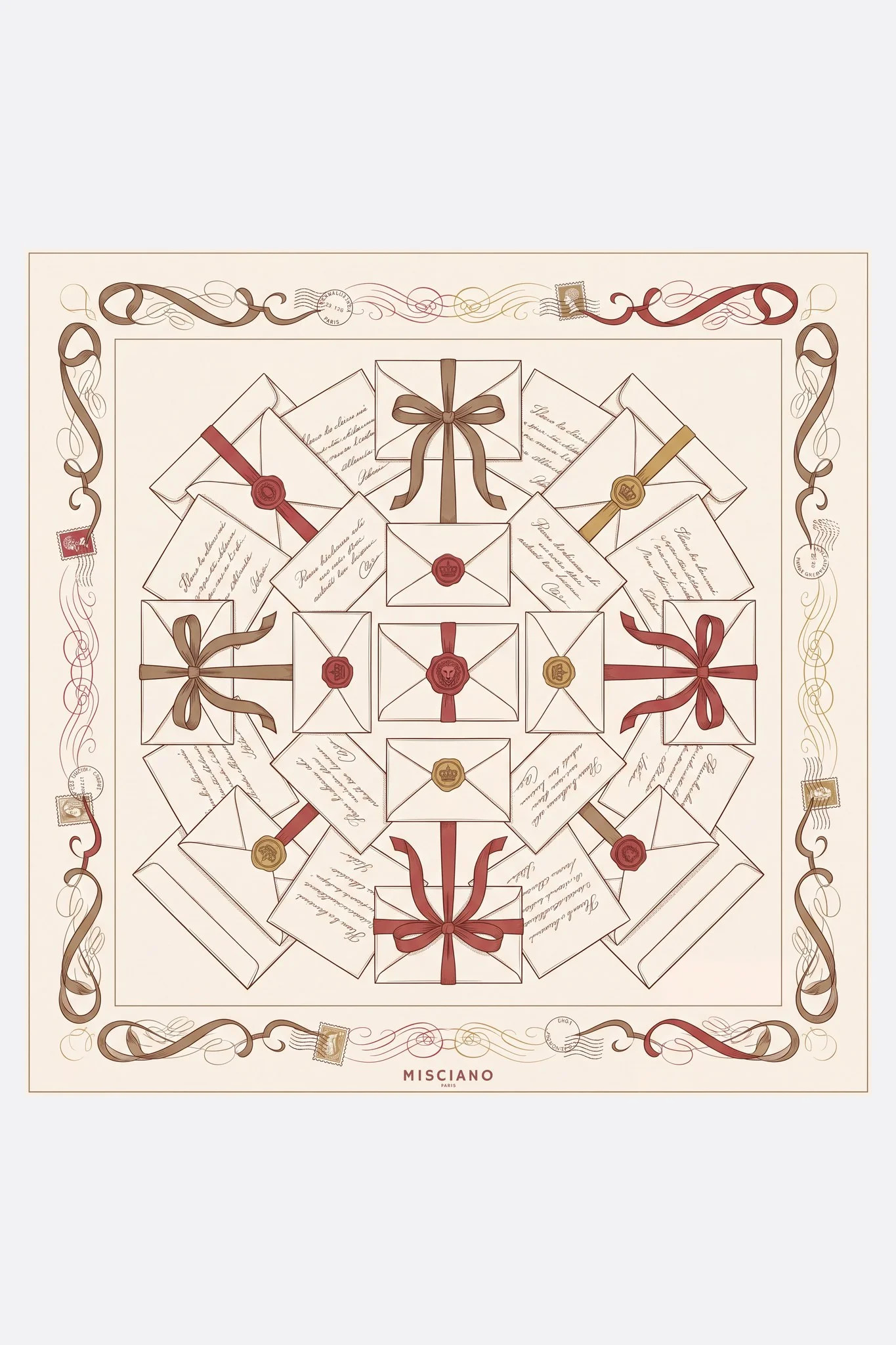 Small silk scarf 50 Love Letters Misciano flat, full design: envelopes sealed with red wax