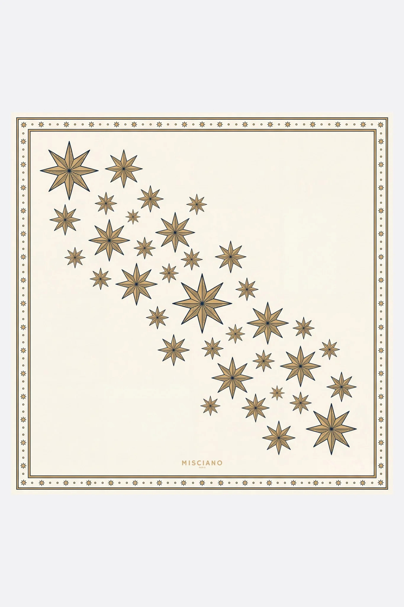Small silk scarf 50 Pluie d'étoiles Misciano flat, full pattern: a diagonal of eight-pointed stars
