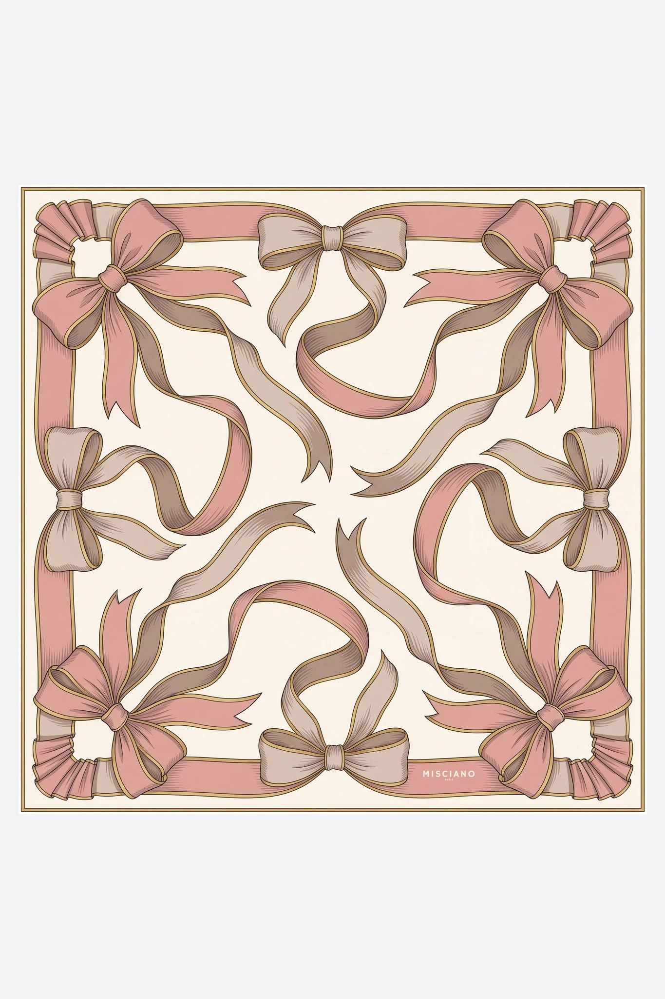 Small silk scarf 50 Misciano silk ribbons flat, full design: wide powder pink and taupe ribbons cross and tie in loops on the cream field