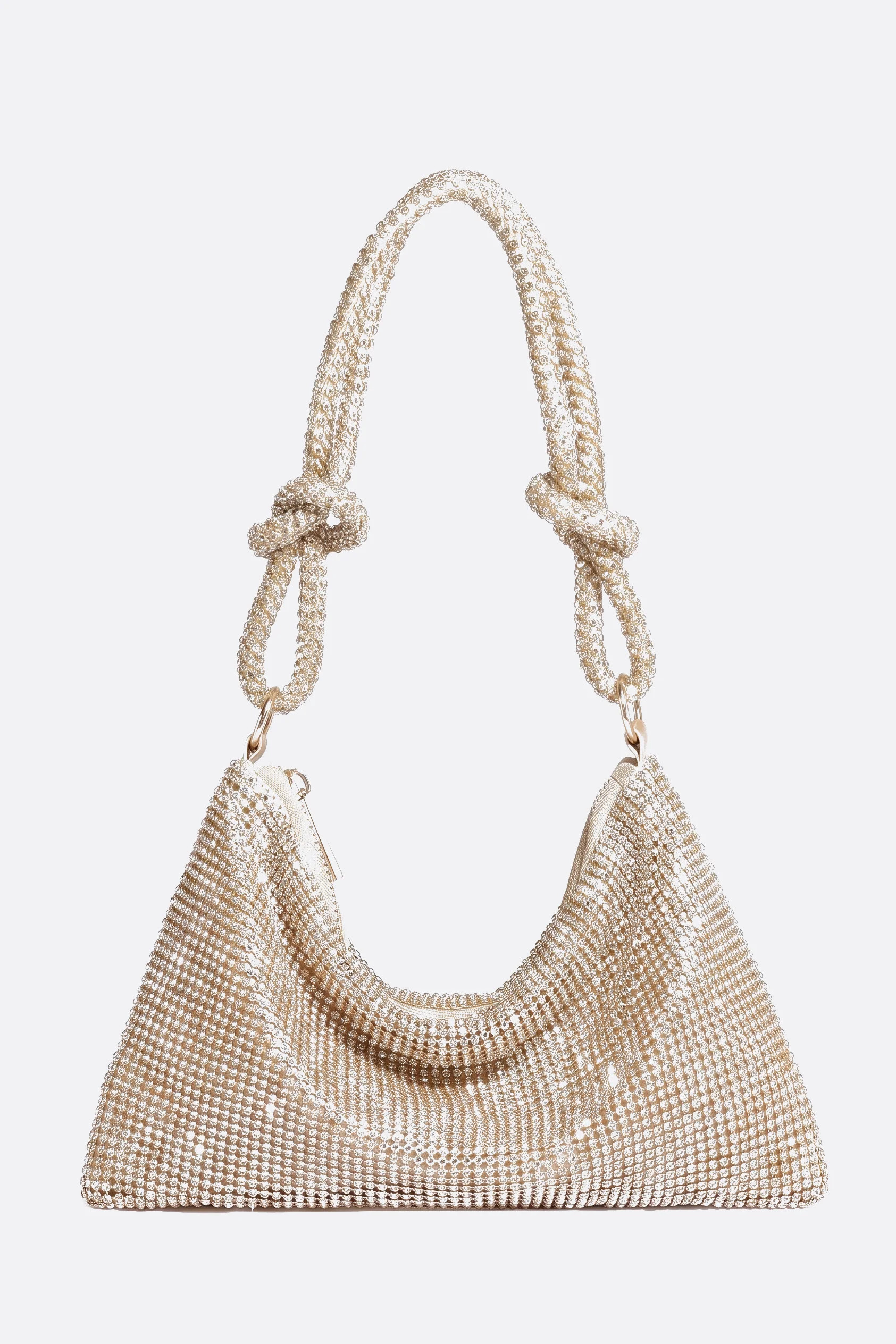 Pochette da sera dorata interamente ricoperta di strass, vista frontale su sfondo grigio