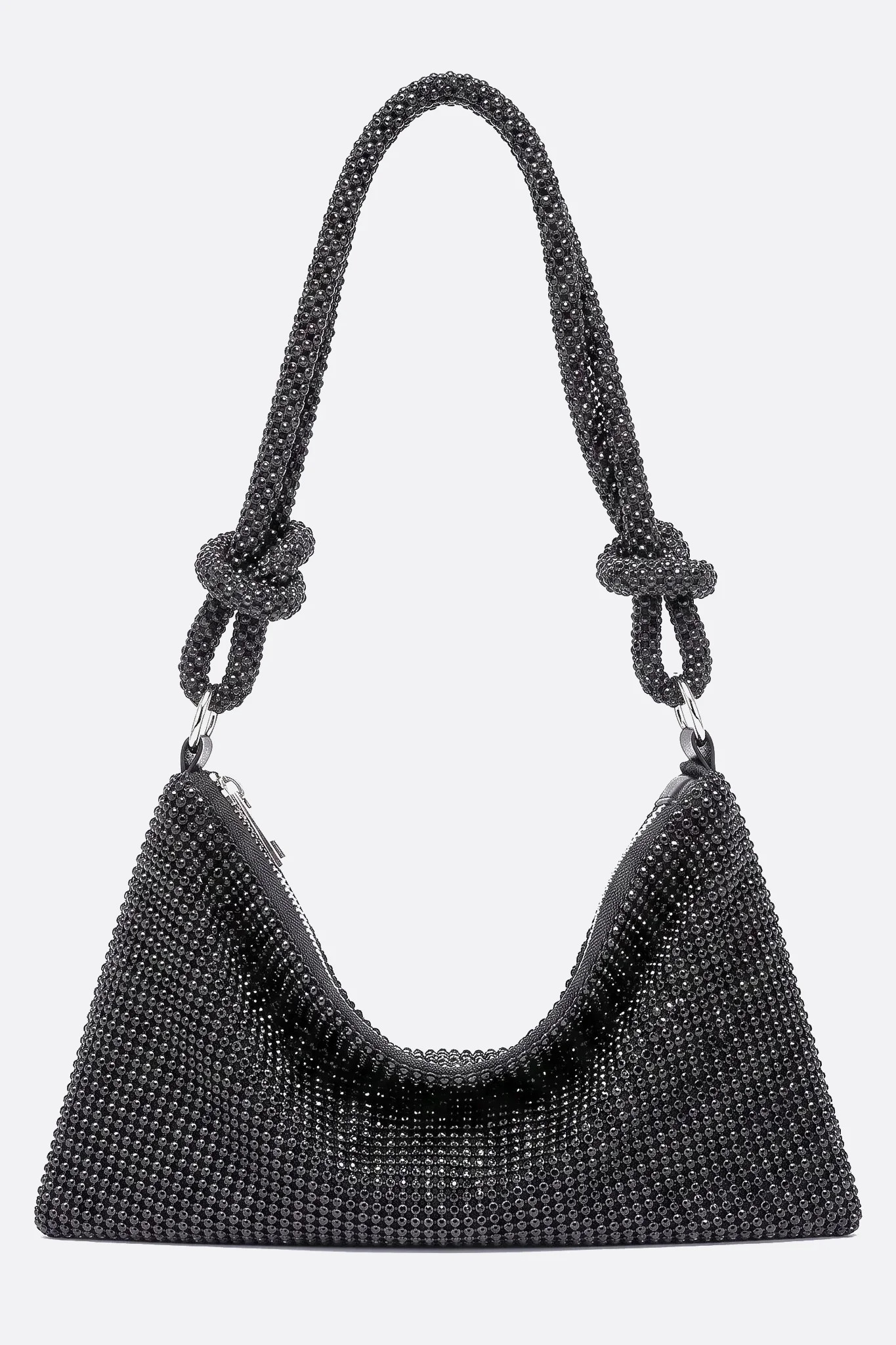 Pochette de soirée noire entièrement pavée de strass, vue de face sur fond gris