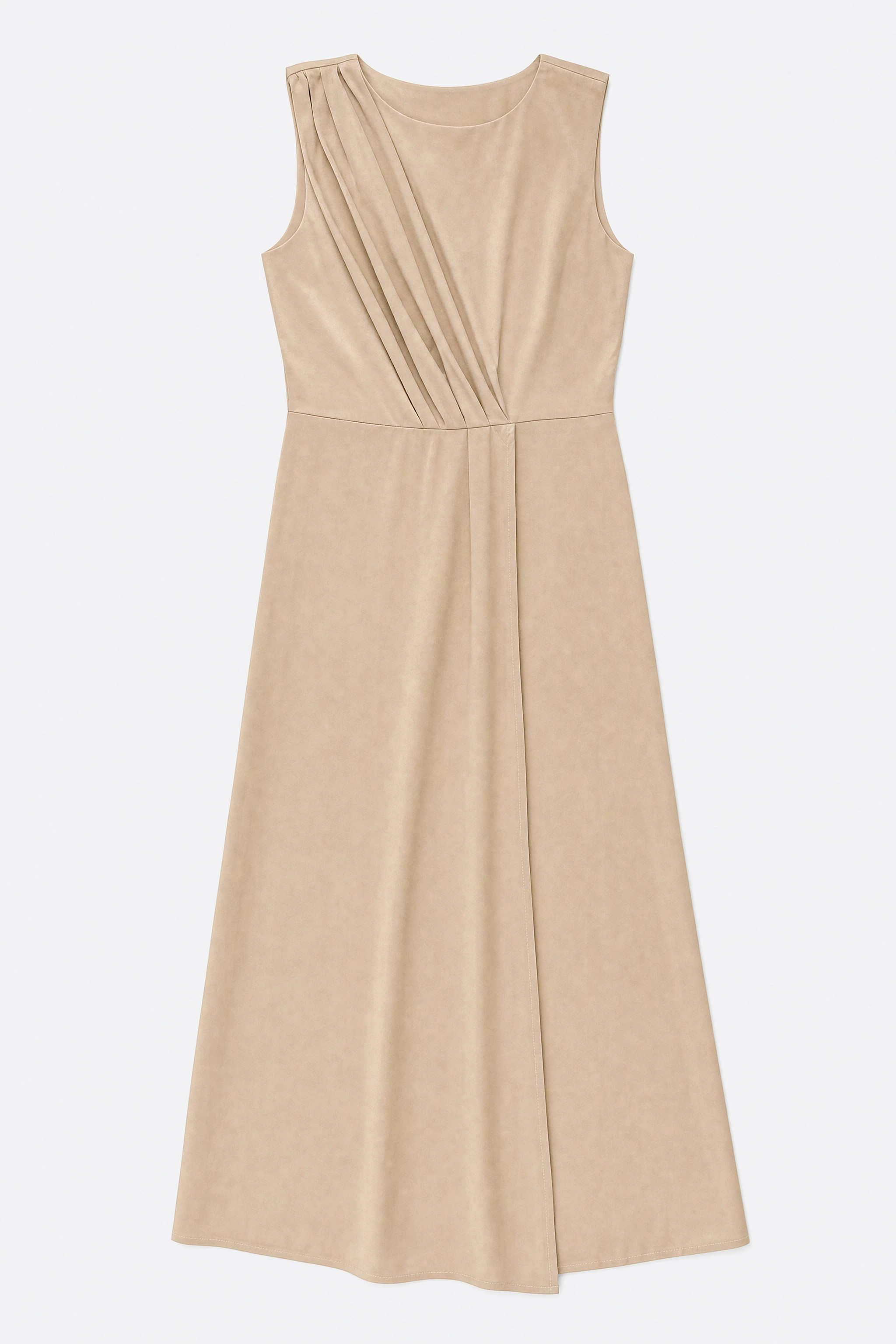 Robe longue satinée beige doré à plat, encolure ronde et pan croisé visibles