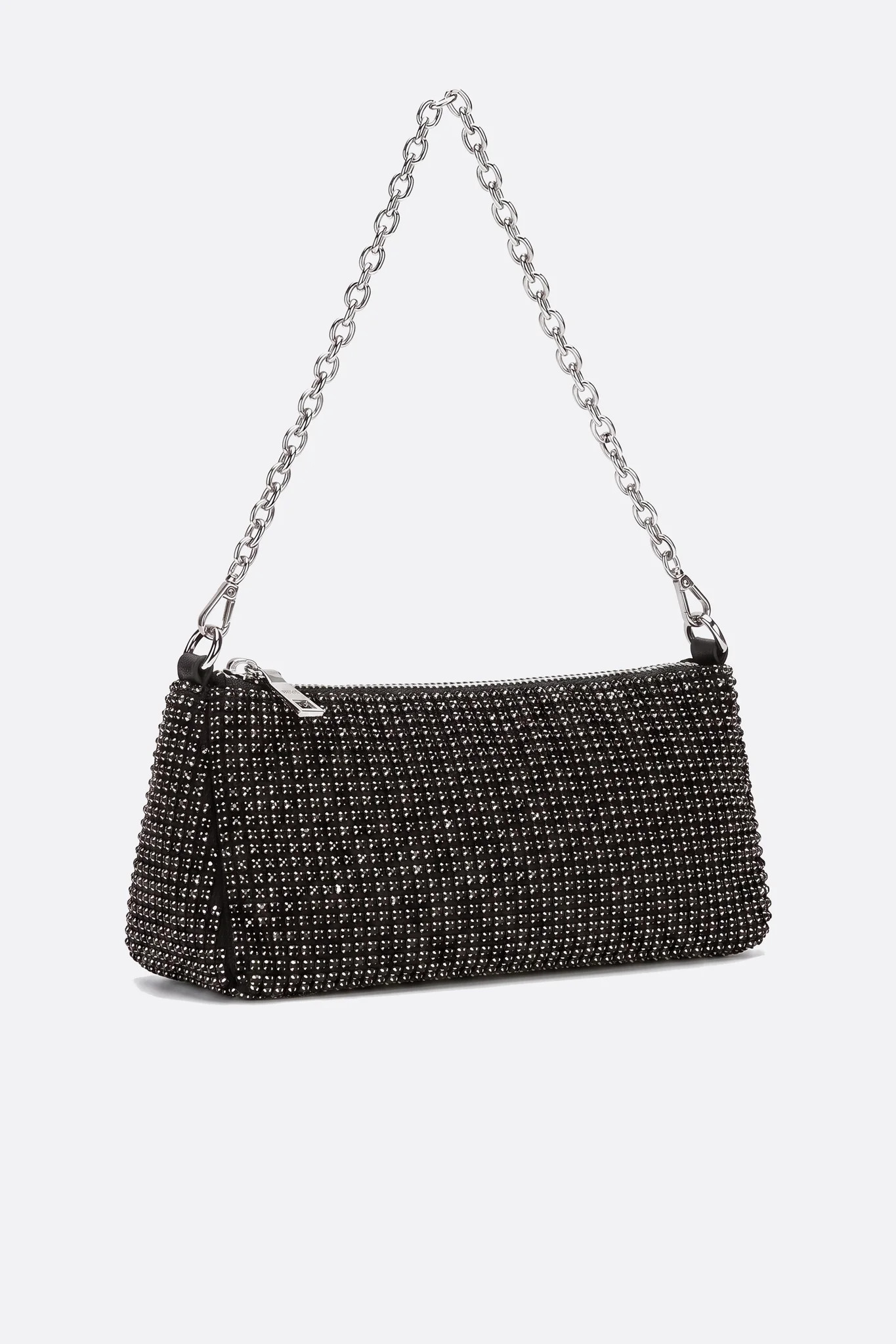 Black crystal bag, front view on neutral background