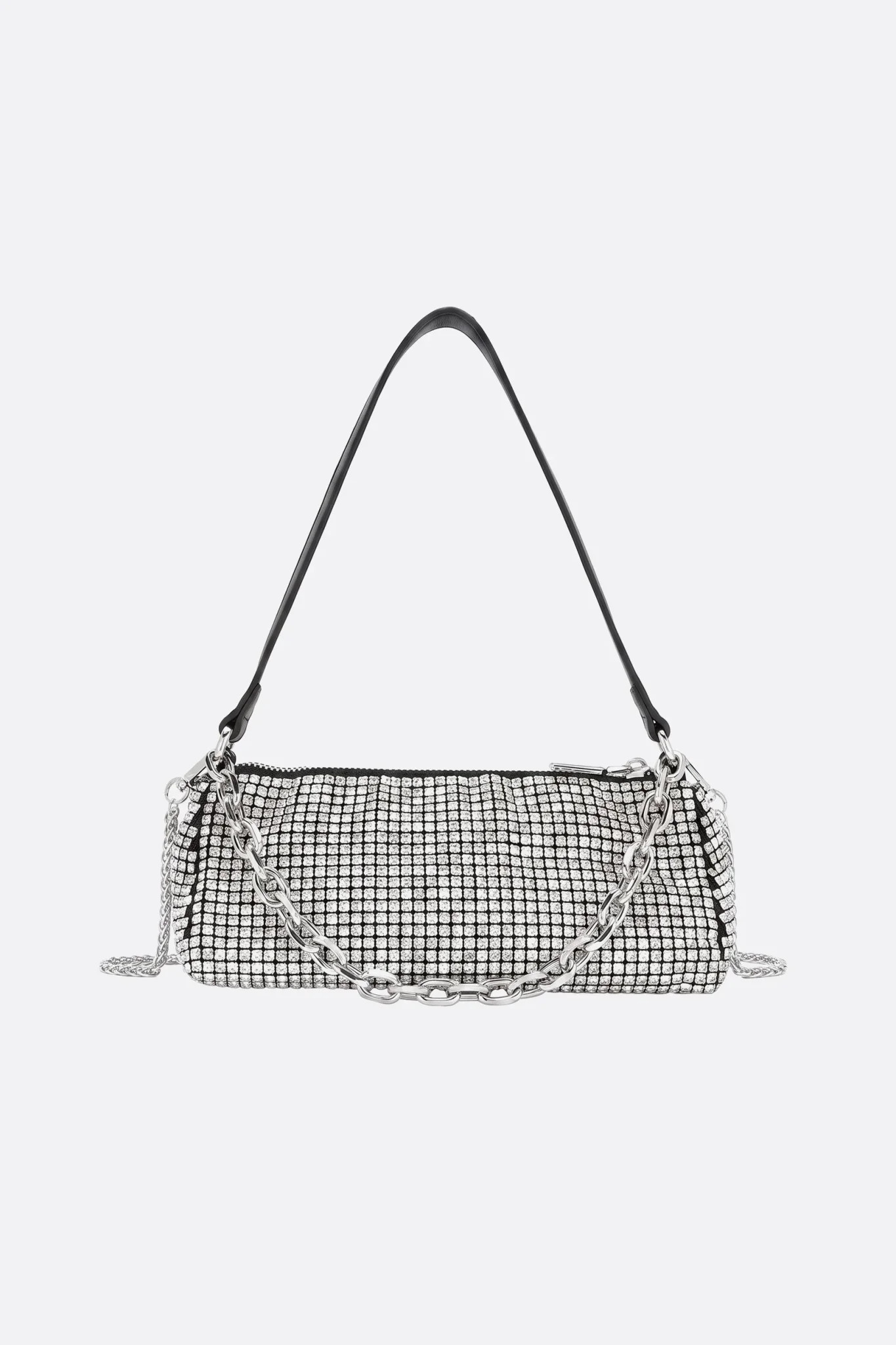 Silver rhinestone baguette bag, front view on neutral background