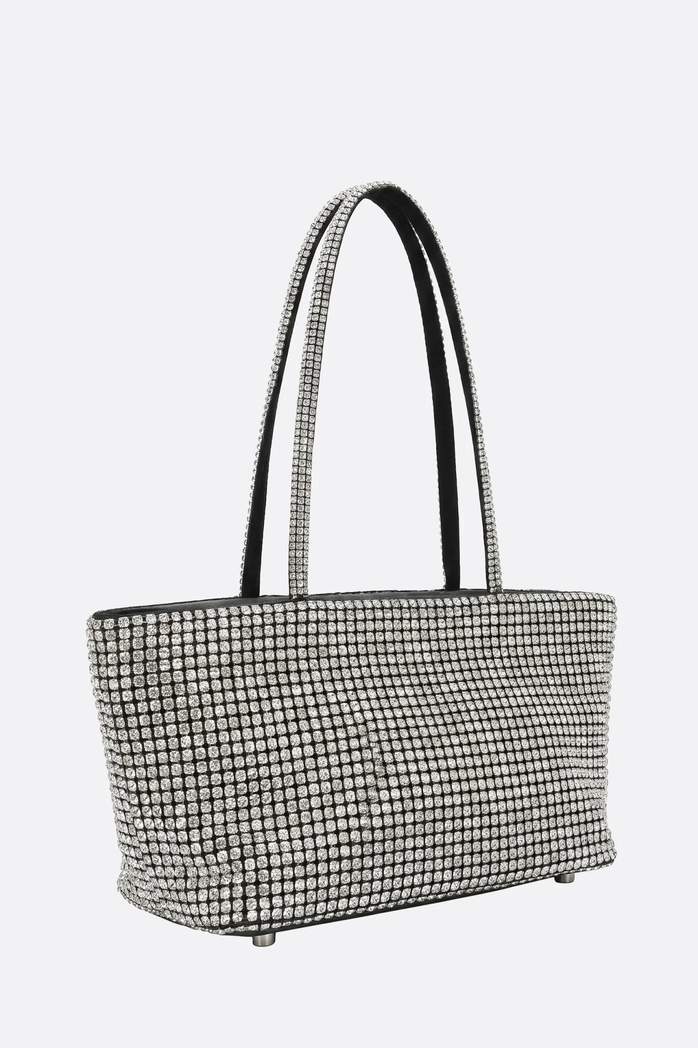 Borsa tote rigida in strass argento, vista di tre quarti