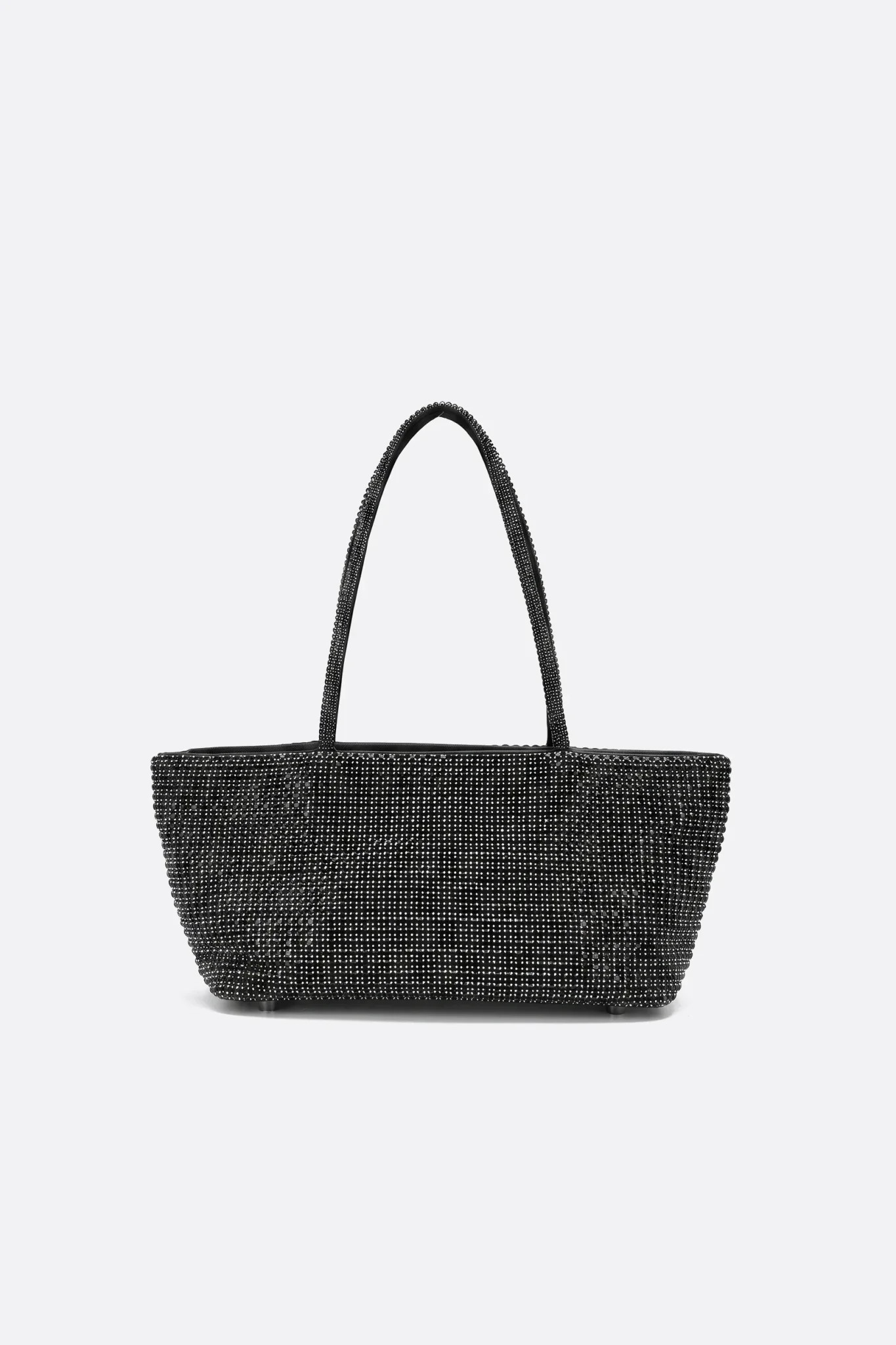 Borsa tote rigida in strass nero, vista frontale su fondo neutro