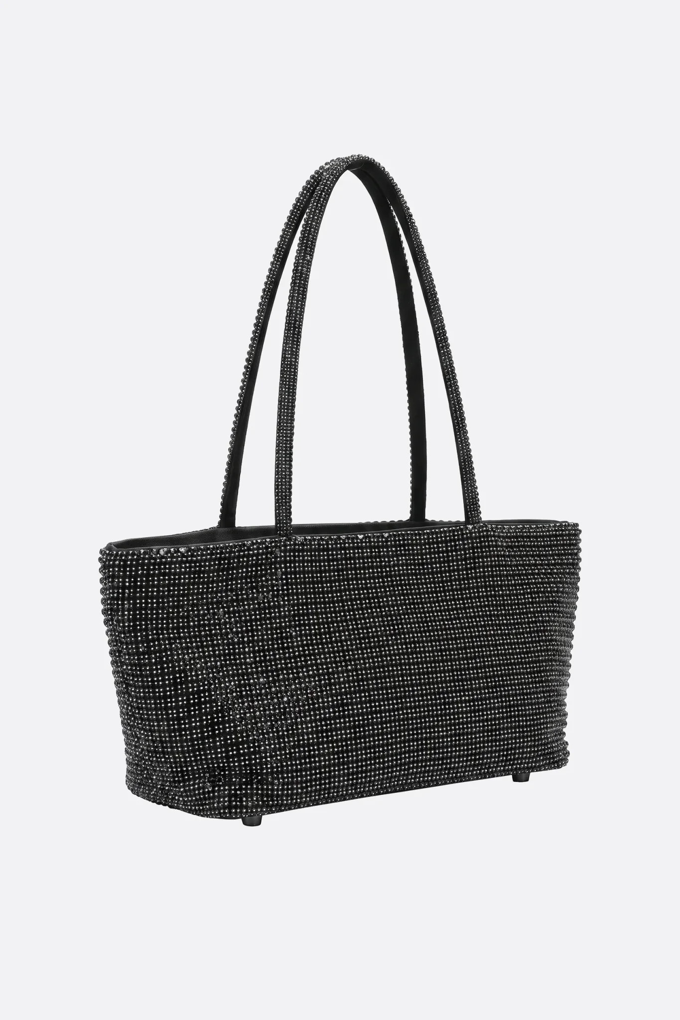 Borsa tote rigida in strass nero, vista tre quarti