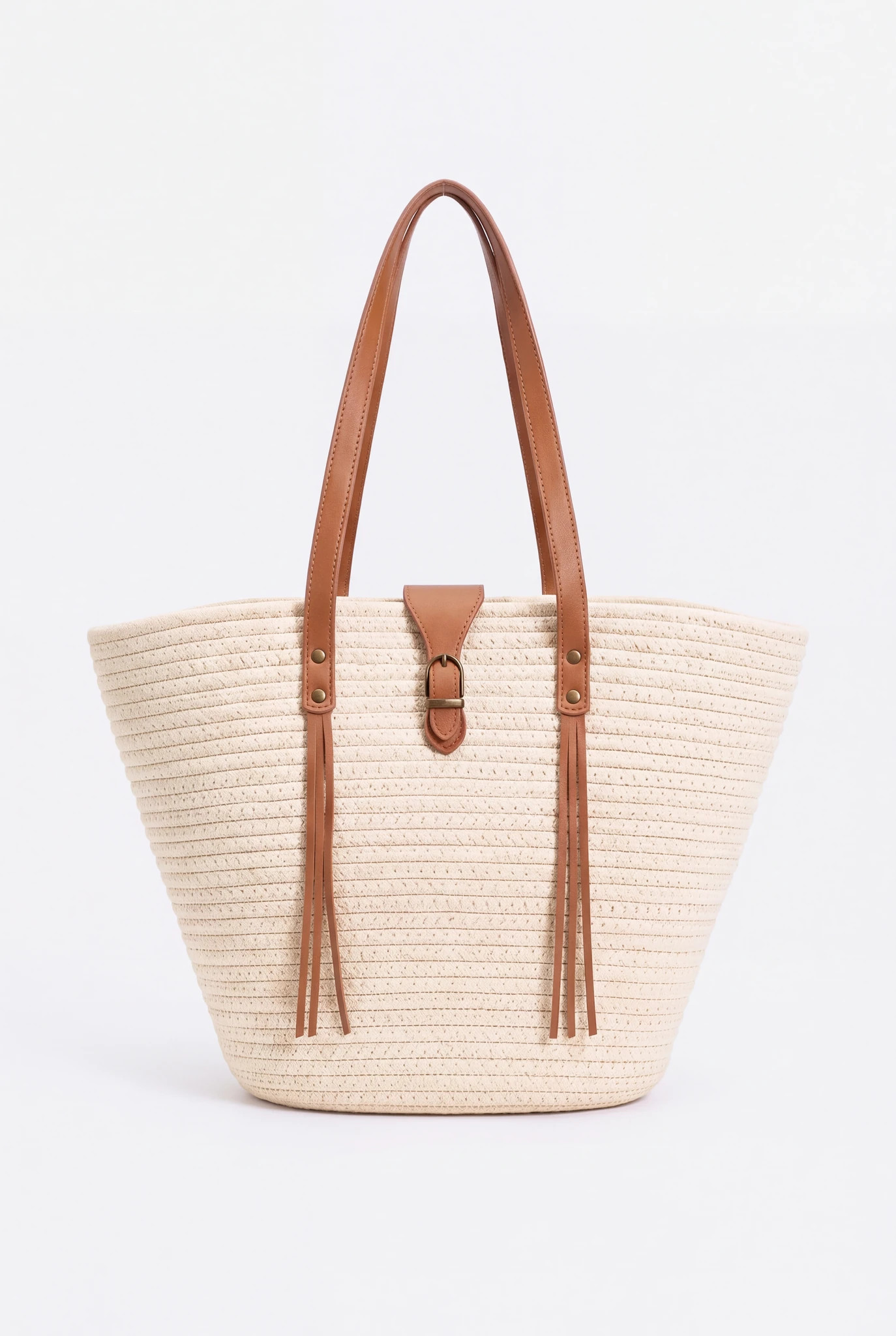 White cream straw-effect woven tote bag, front view on neutral background