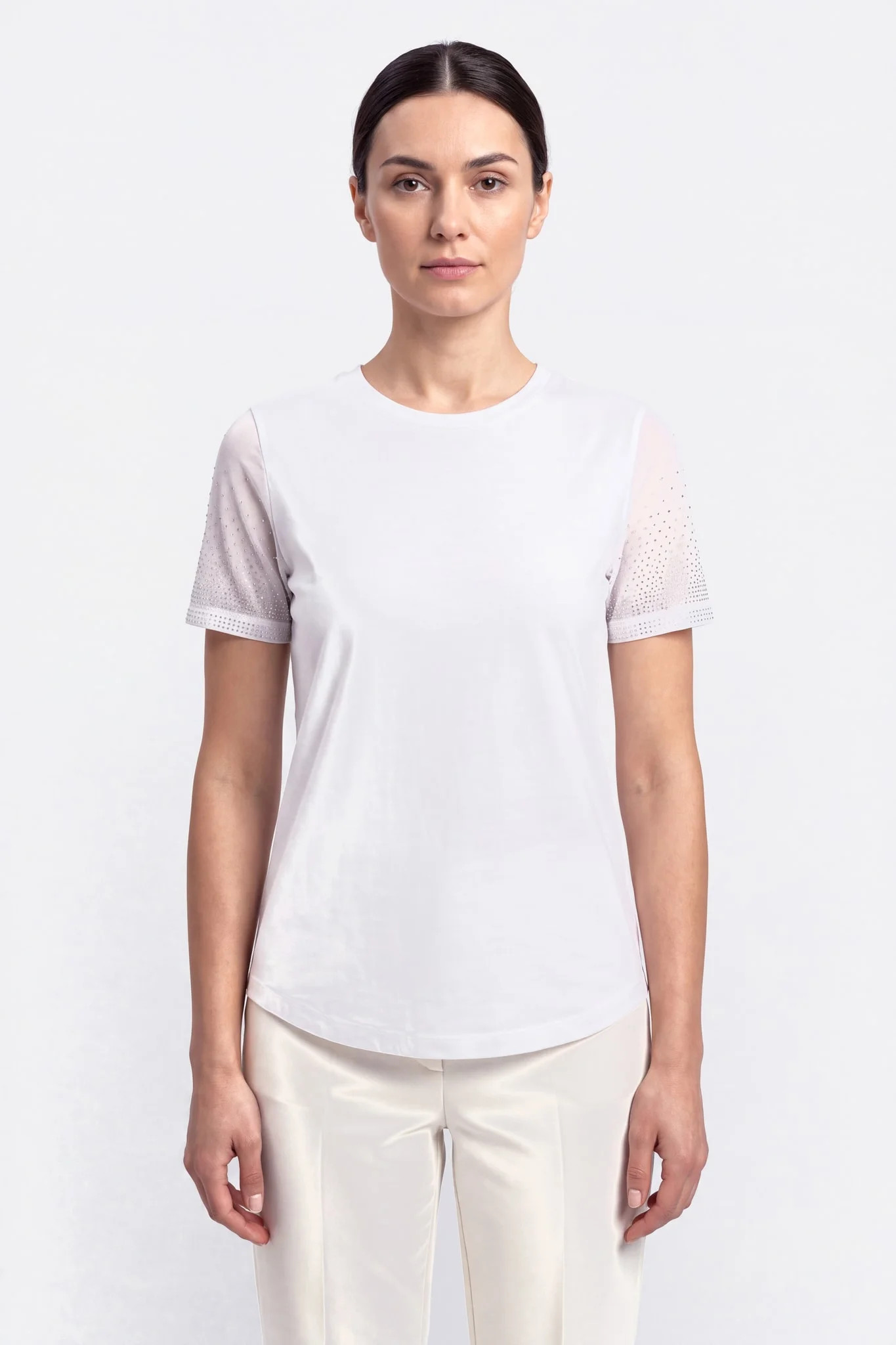 White Misciano T-shirt worn front-facing, short sleeves in transparent rhinestoned voile