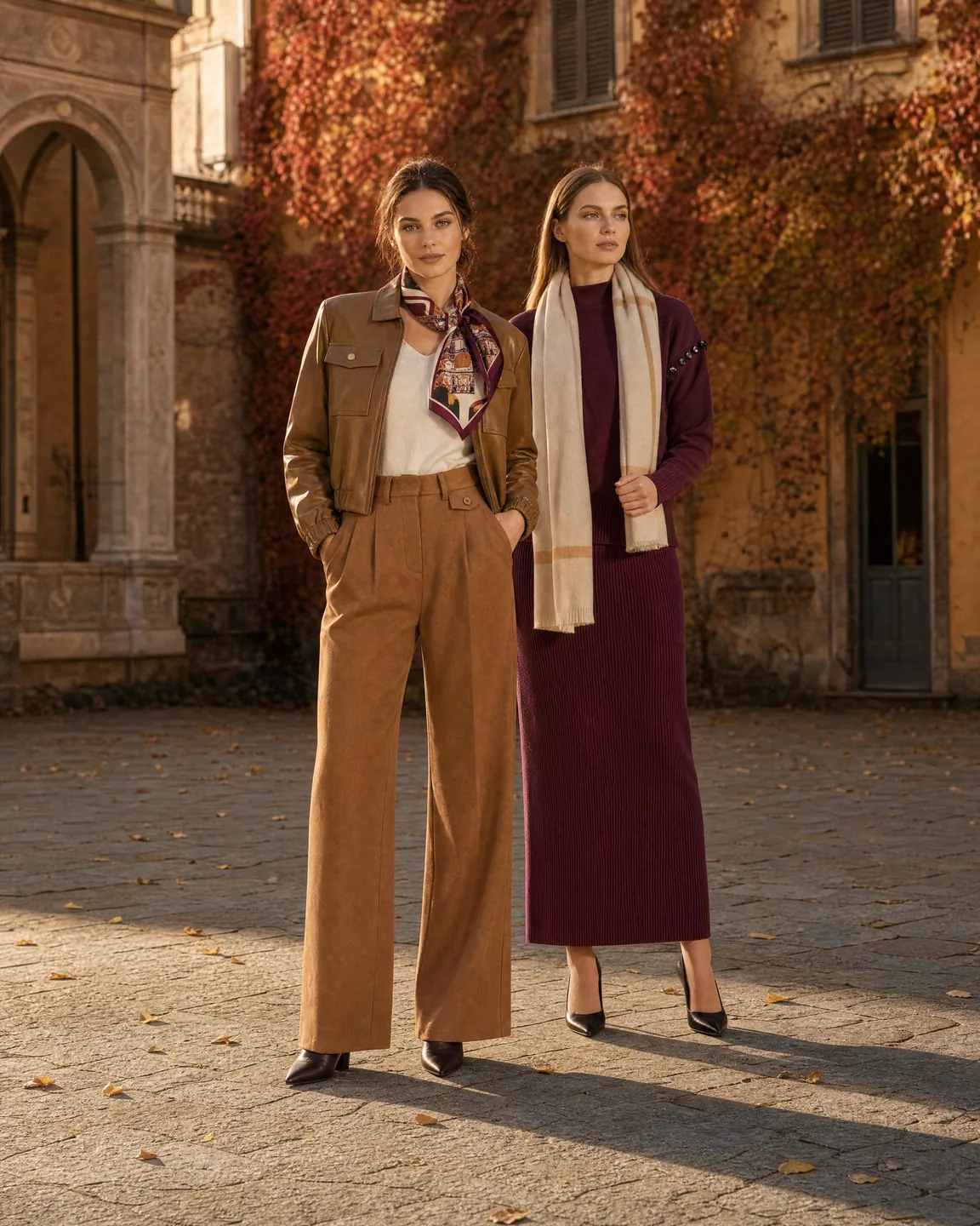 Misciano autumn campaign: caramel faux-leather blouson, cream V-neck sweater and camel wide-leg trousers, burgundy knit set and cashmere scarf, in a Milanese palazzo courtyard in October