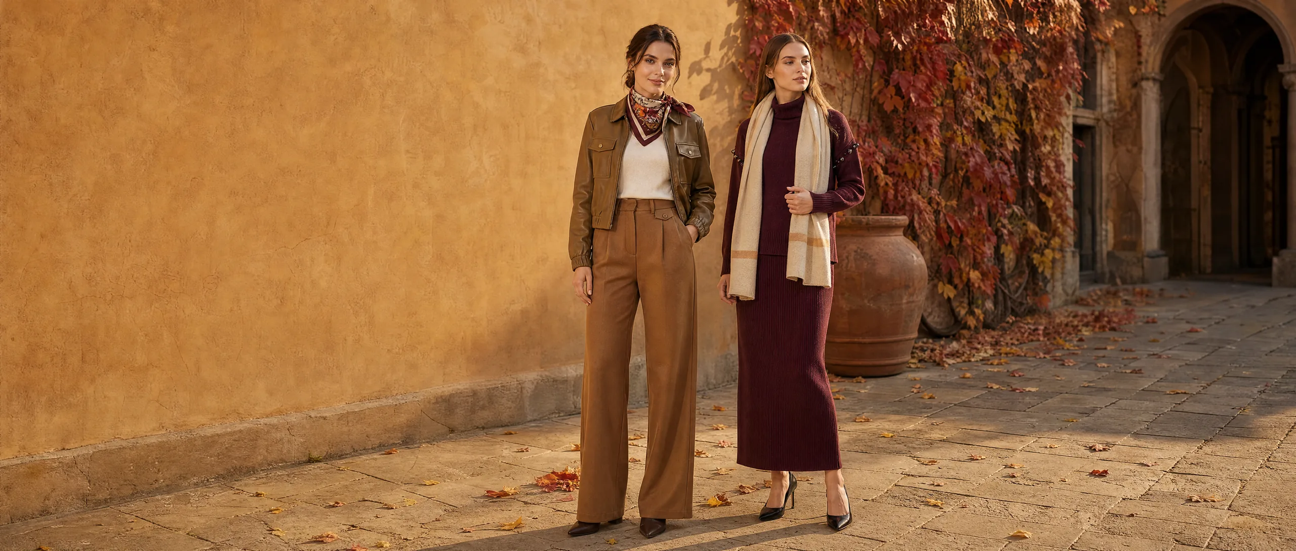 Misciano autumn campaign: caramel faux-leather blouson, cream V-neck sweater and camel wide-leg trousers, burgundy knit set and cashmere scarf, in a Milanese palazzo courtyard in October